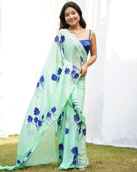 Misty Green Handpainted Draped Saree