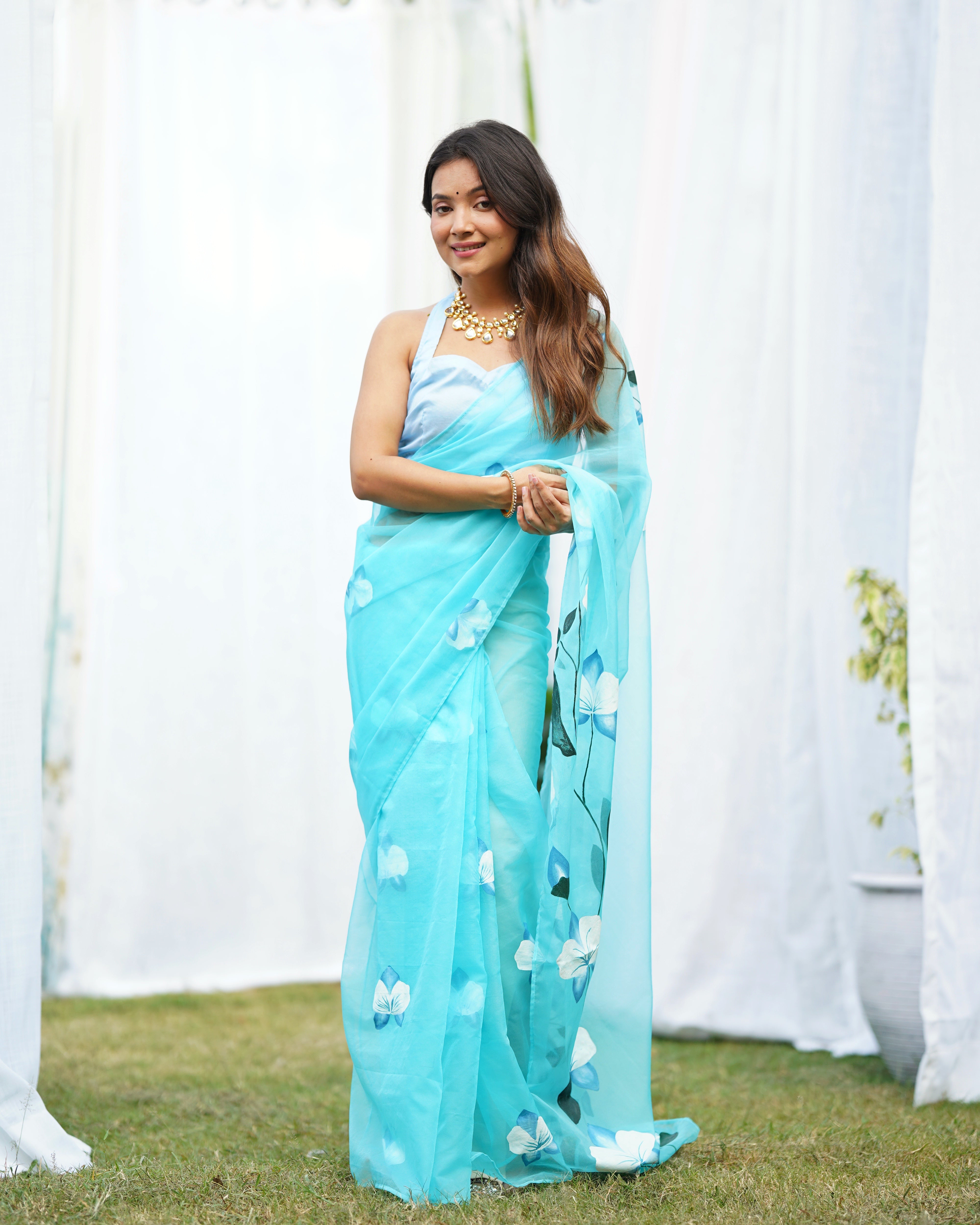 Blue Organza Handpainted  Saree