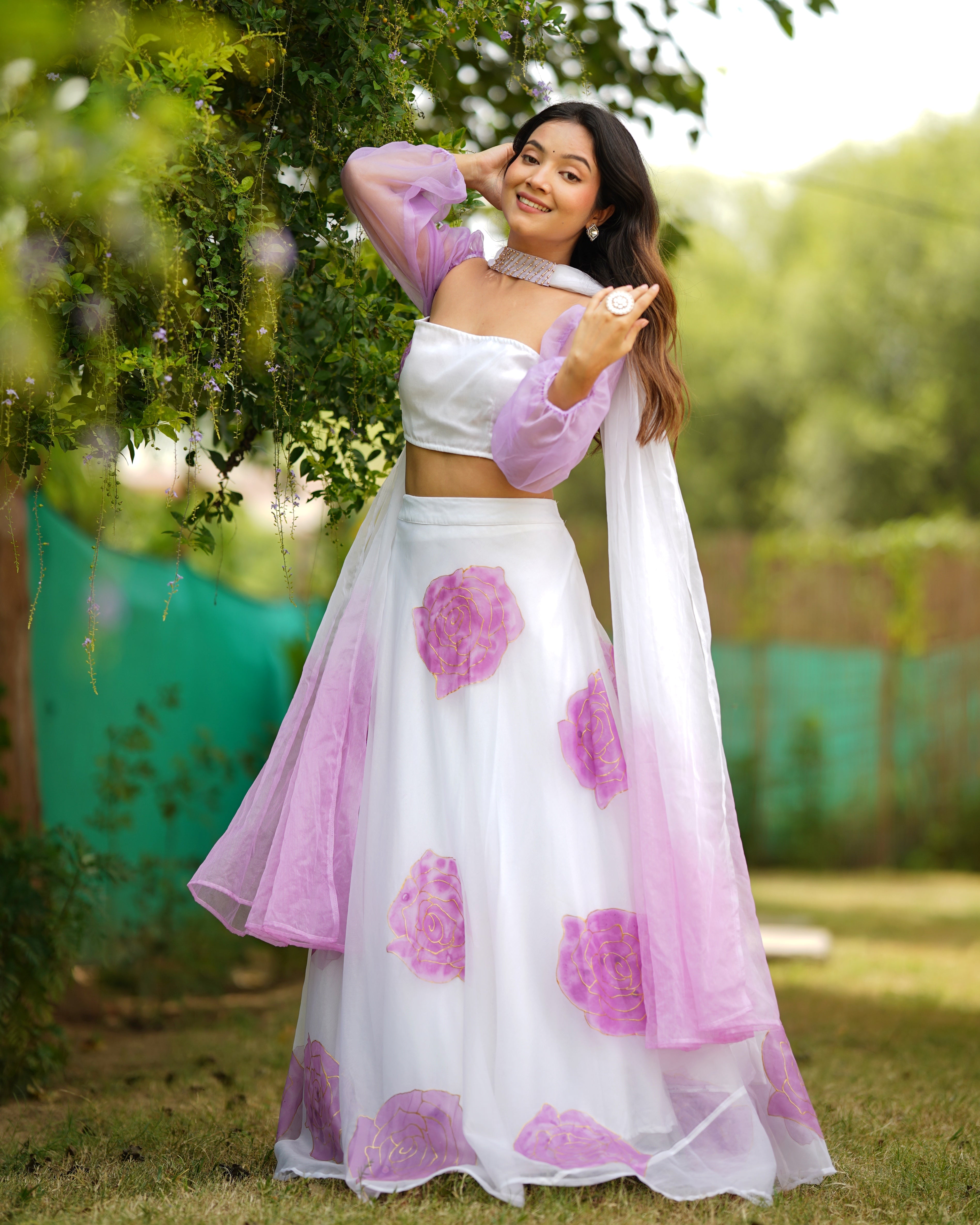 Shaurya White Organza Hanpainted Lehenga Set