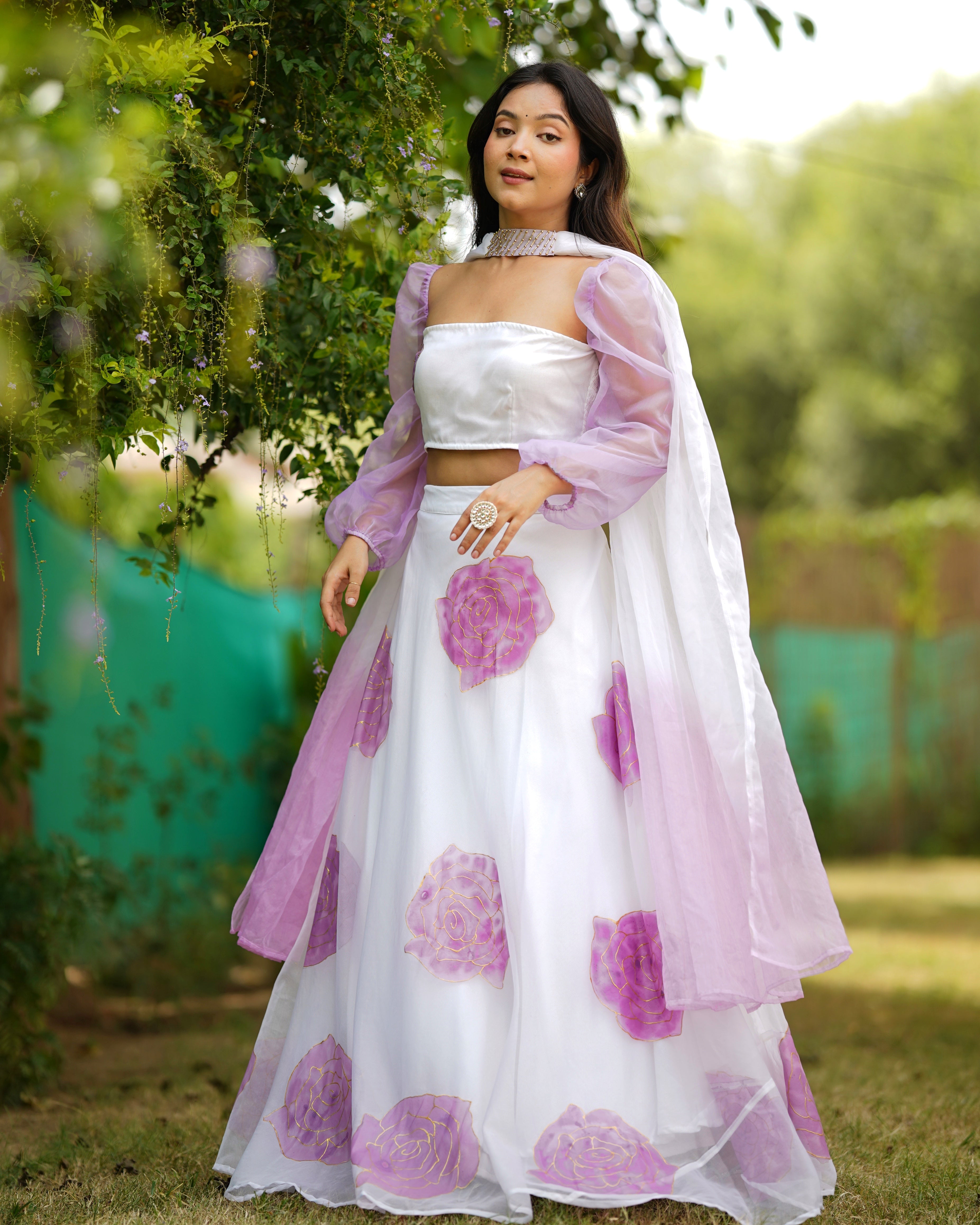 Shaurya White Organza Hanpainted Lehenga Set