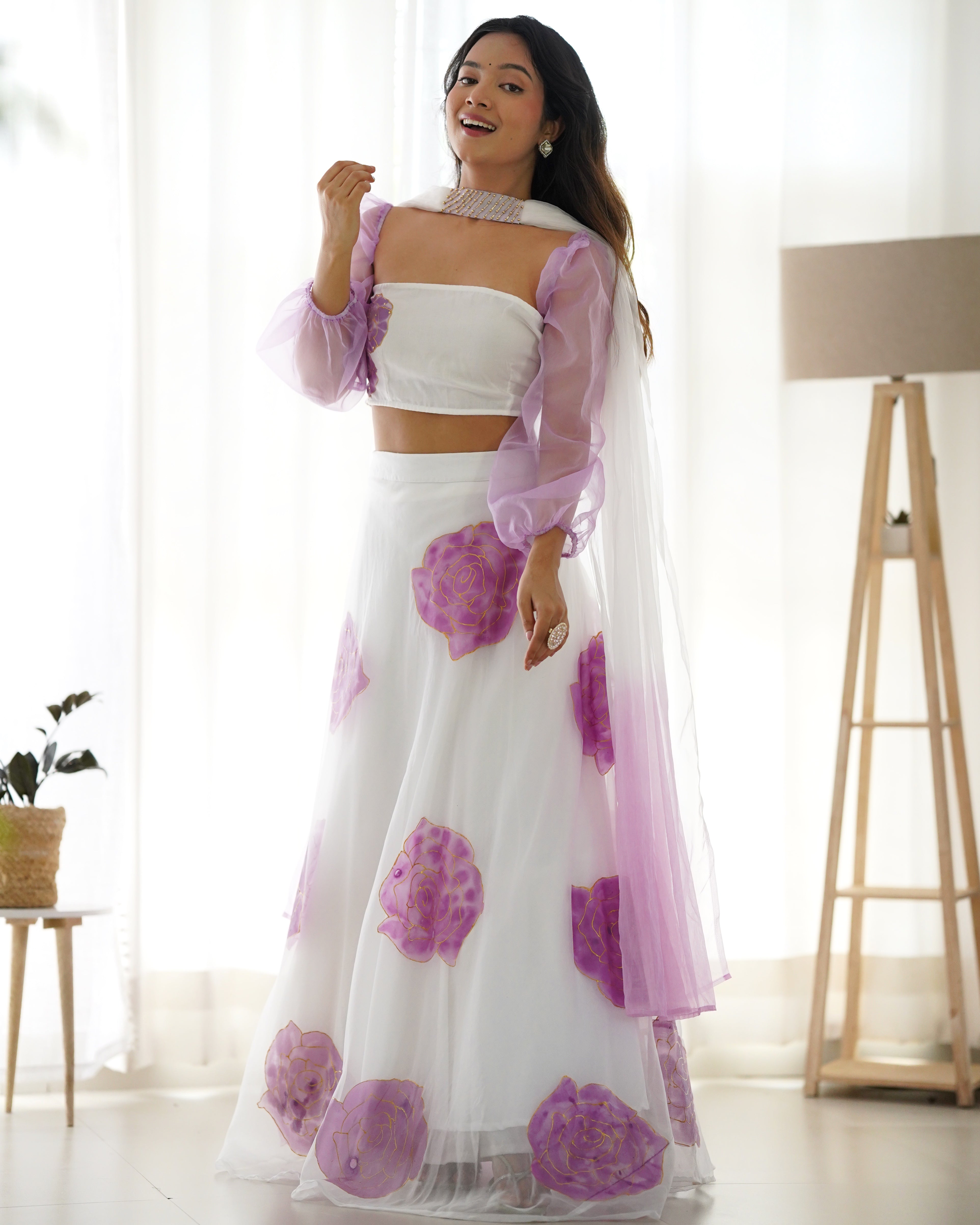 Shaurya White Organza Hanpainted Lehenga Set