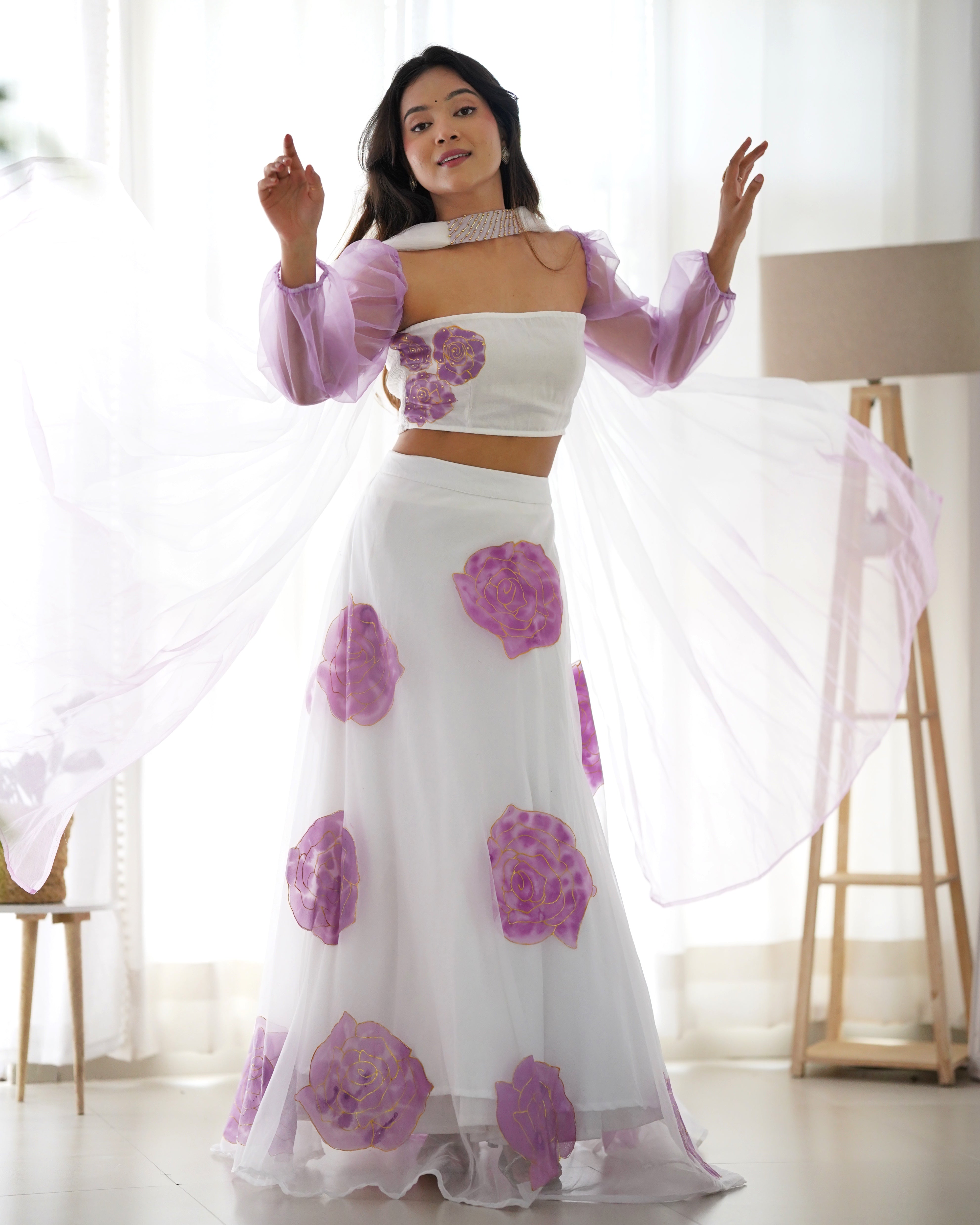 Shaurya White Organza Hanpainted Lehenga Set