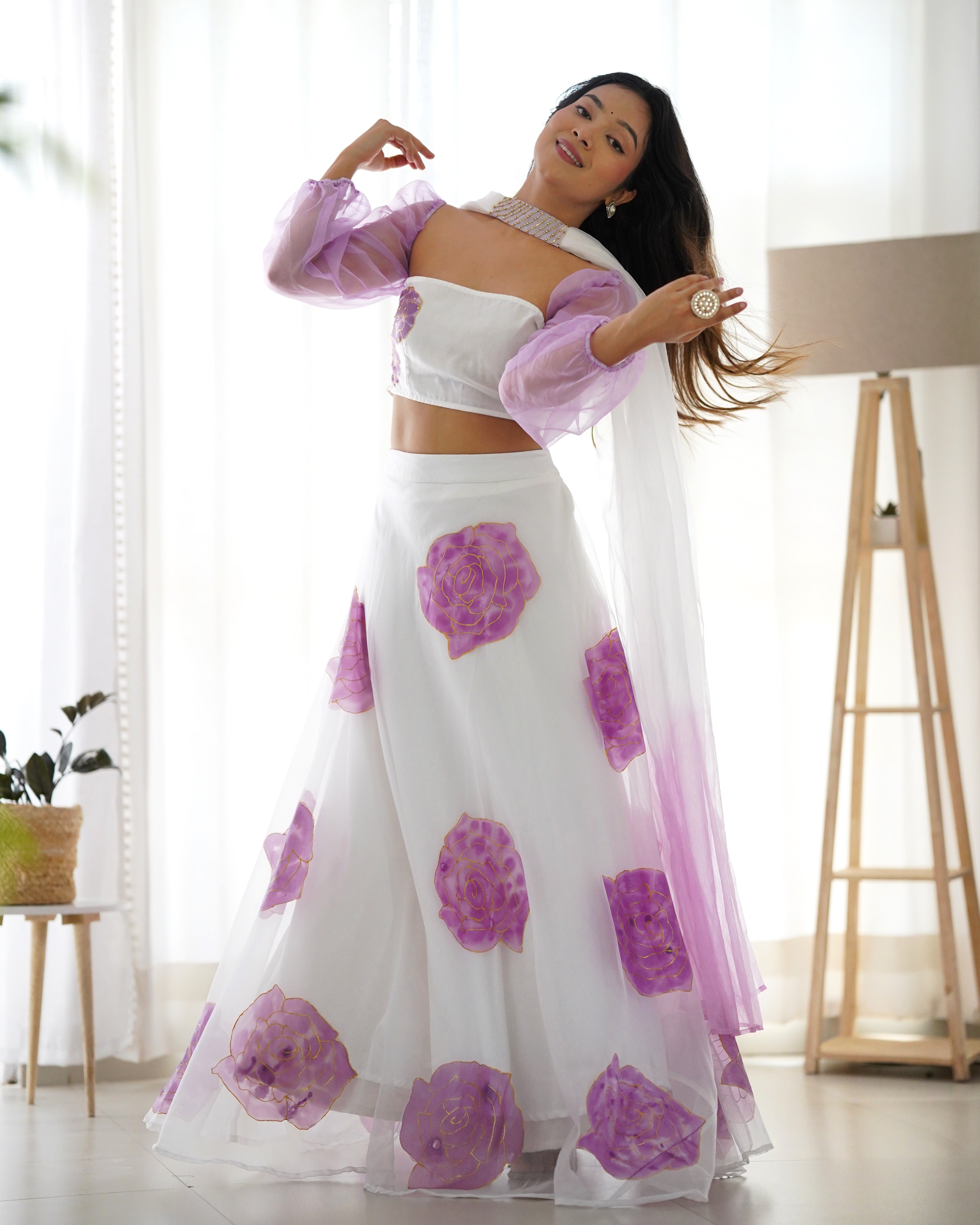 Shaurya White Organza Hanpainted Lehenga Set