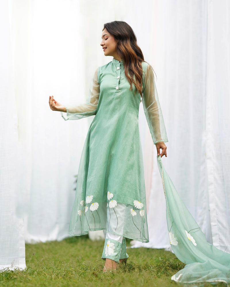 Nargees Green Handpainted Organza Suit Set