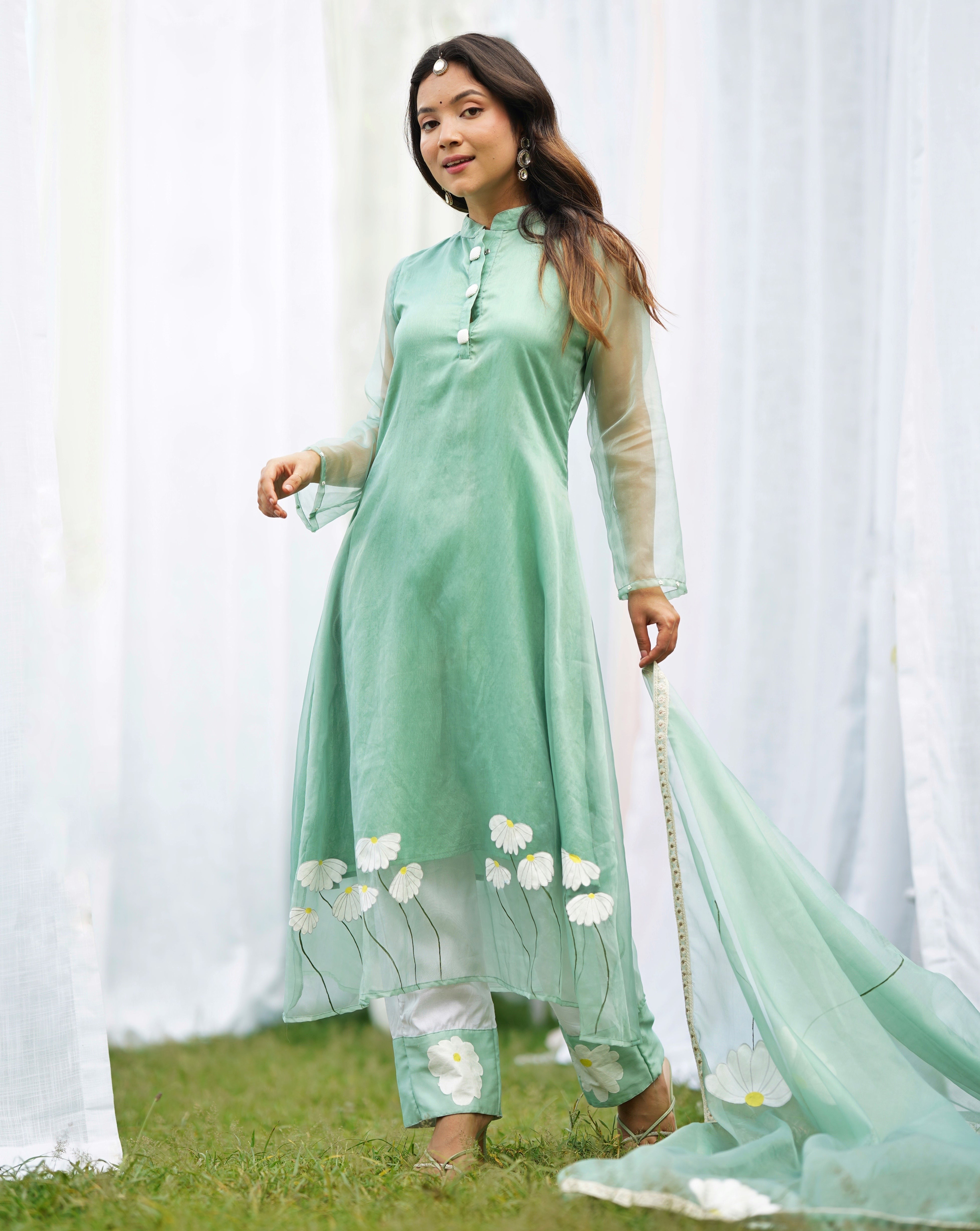 Nargees Green Handpainted Organza Suit Set