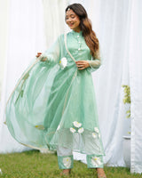 Nargees Green Handpainted Organza Suit Set