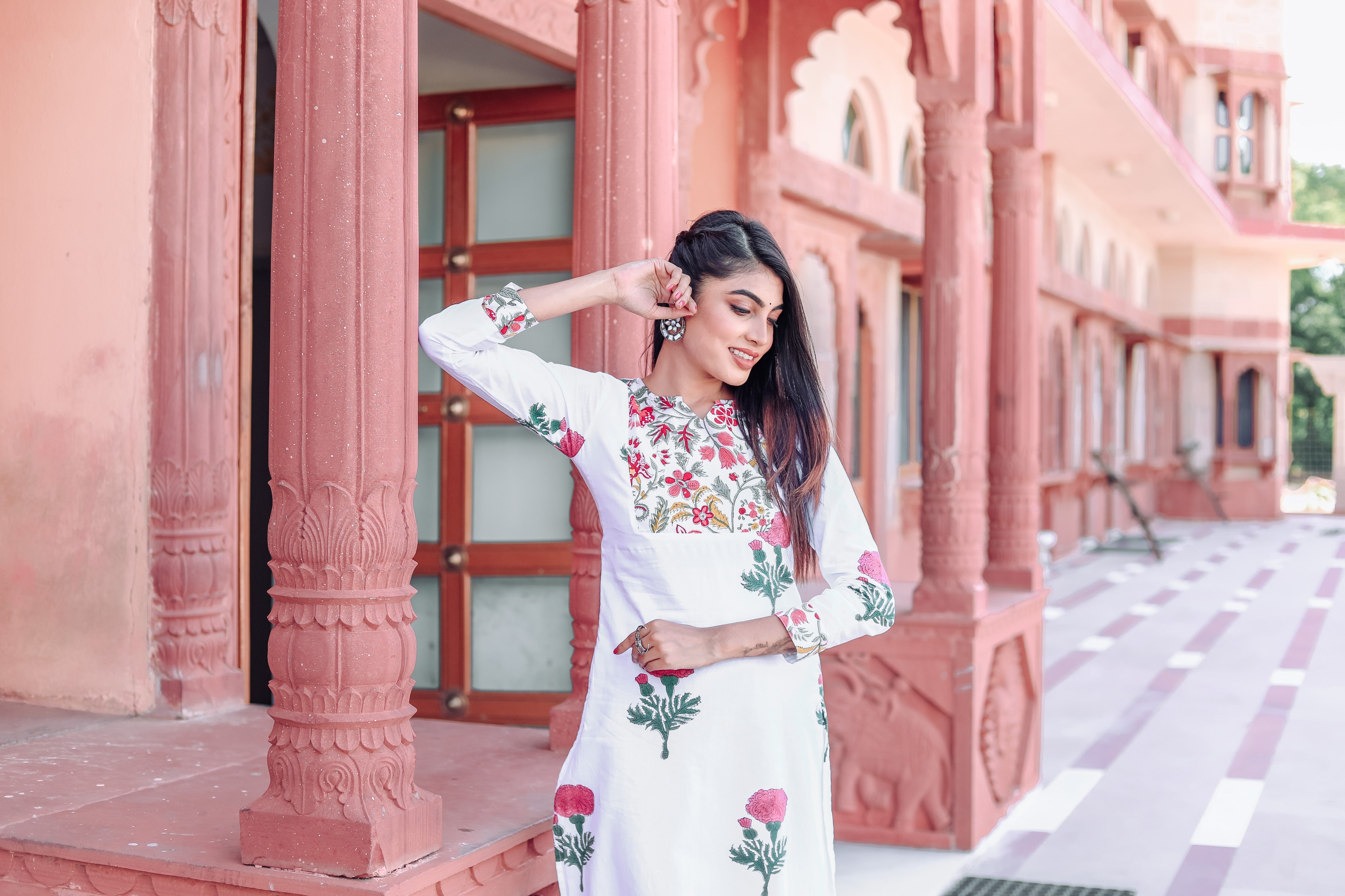 White base red floral buta suit set