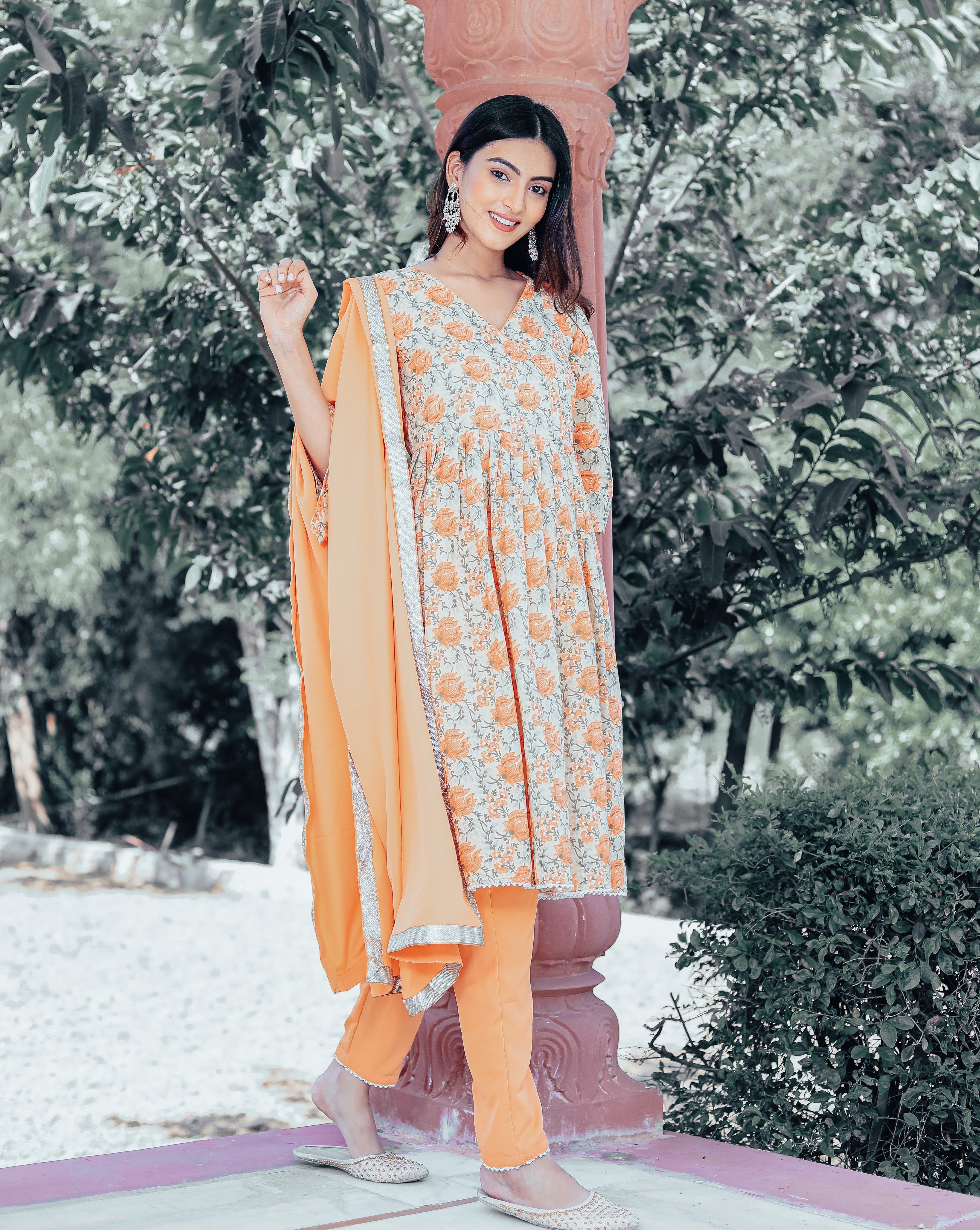 Honey orange Floral Cotton Suit Set