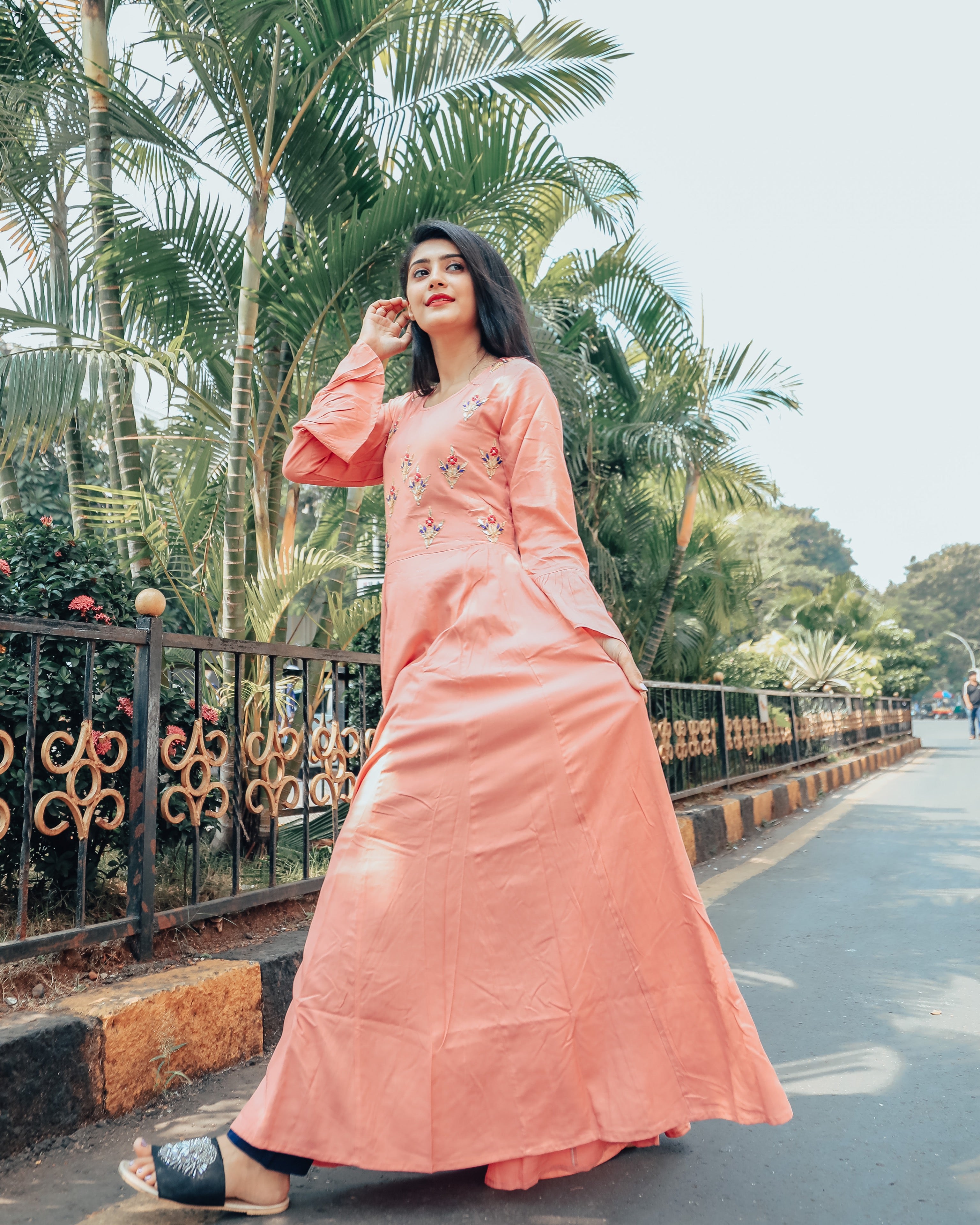 Salmon peach hand work gown dress