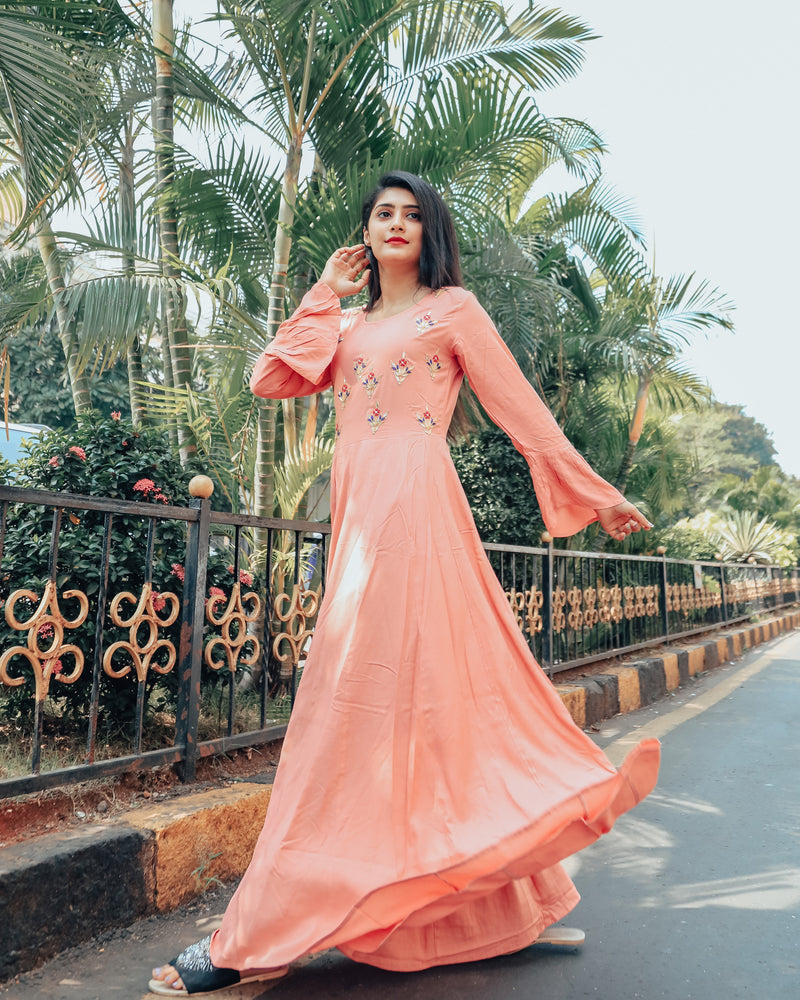 Peach Color Georgette Fabric Sangeet Wear Remarkable Embroidered Work |  Anarkali suit, Gowns, Anarkali dress