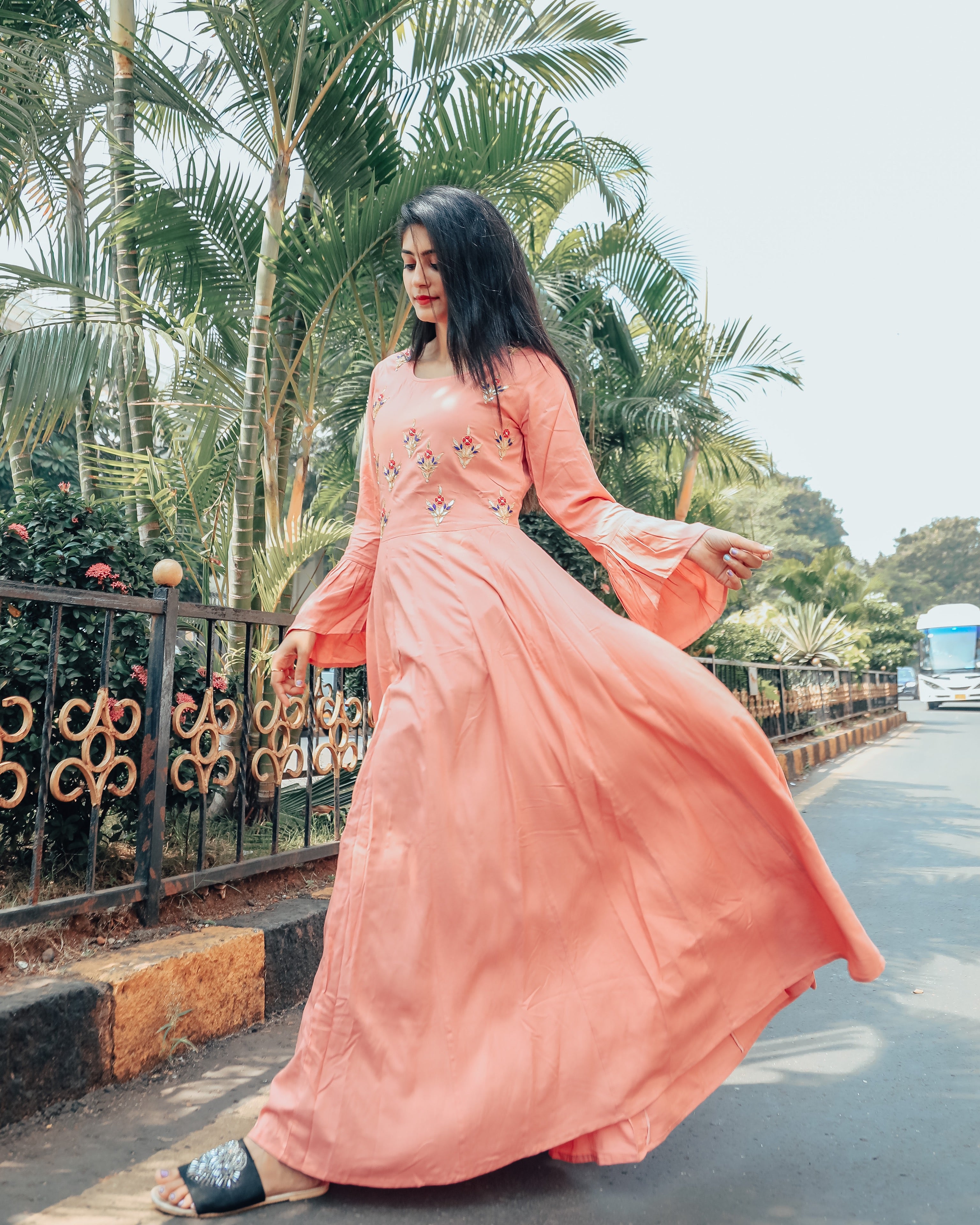 Salmon peach hand work gown dress