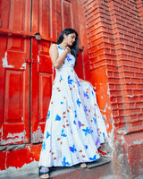 White base with blue floral handprinted dress