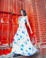 White base with blue floral handprinted dress