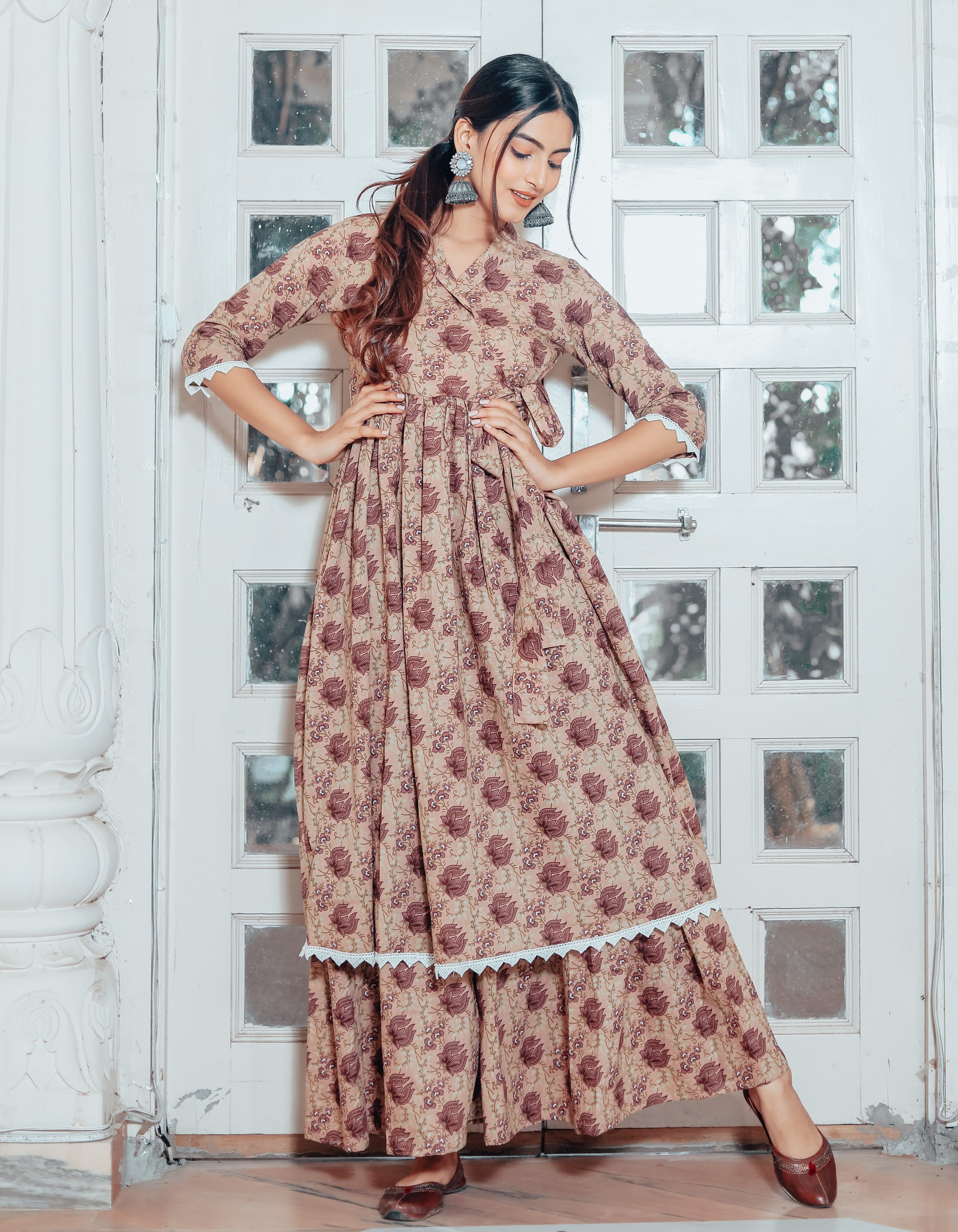 Brown Violet Floral Kurta Matching Set