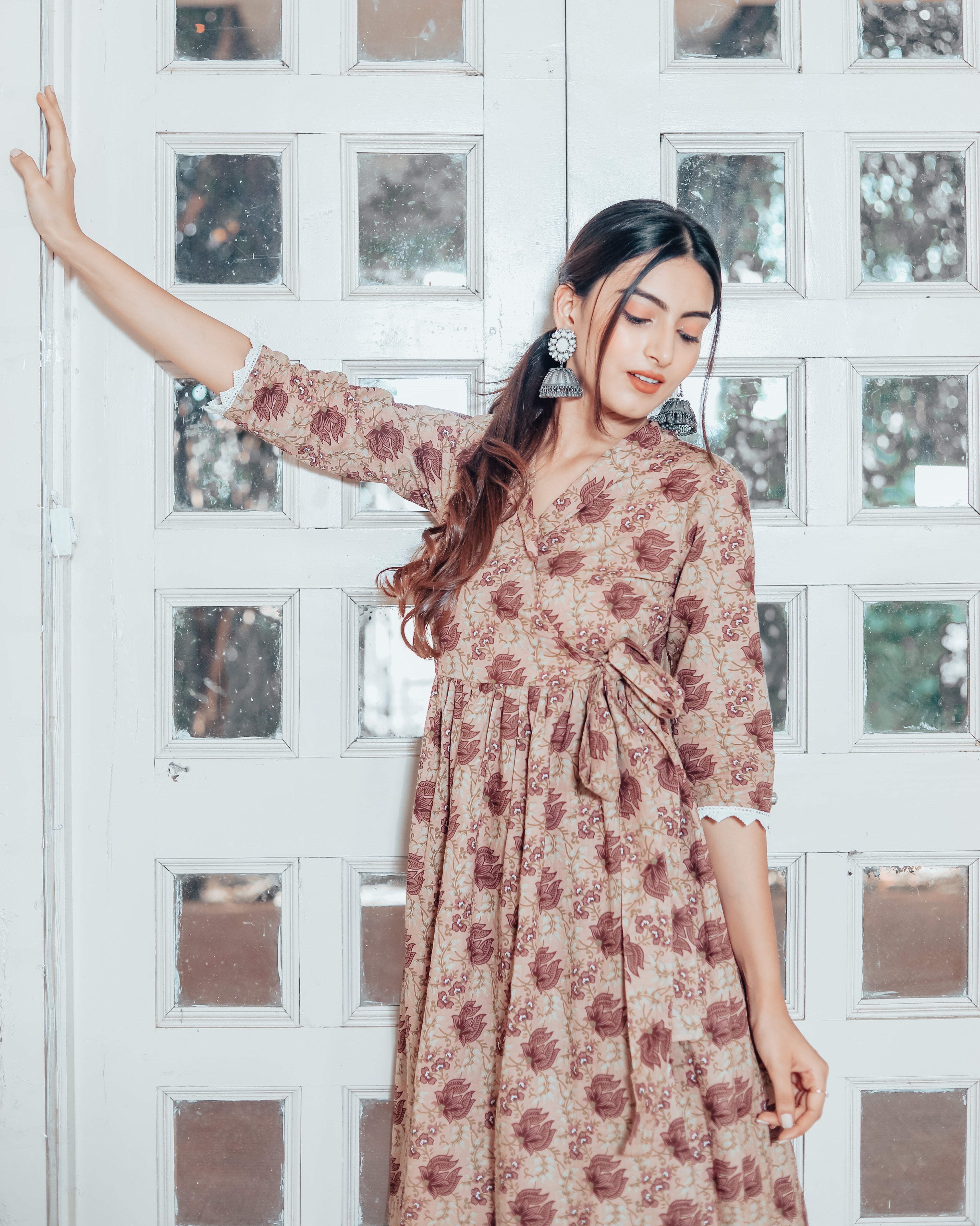 Brown Violet Floral Kurta Matching Set