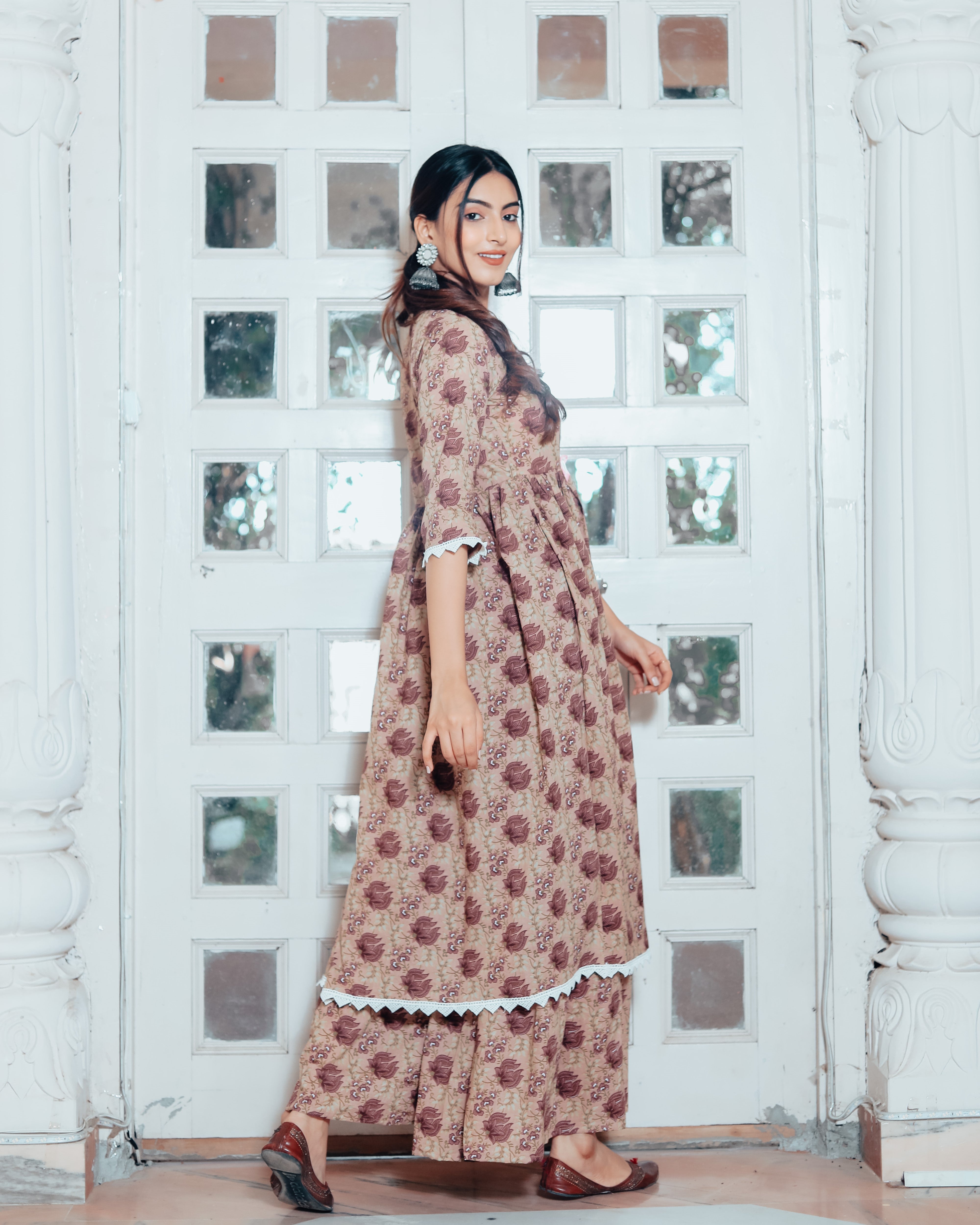 Brown Violet Floral Kurta Matching Set