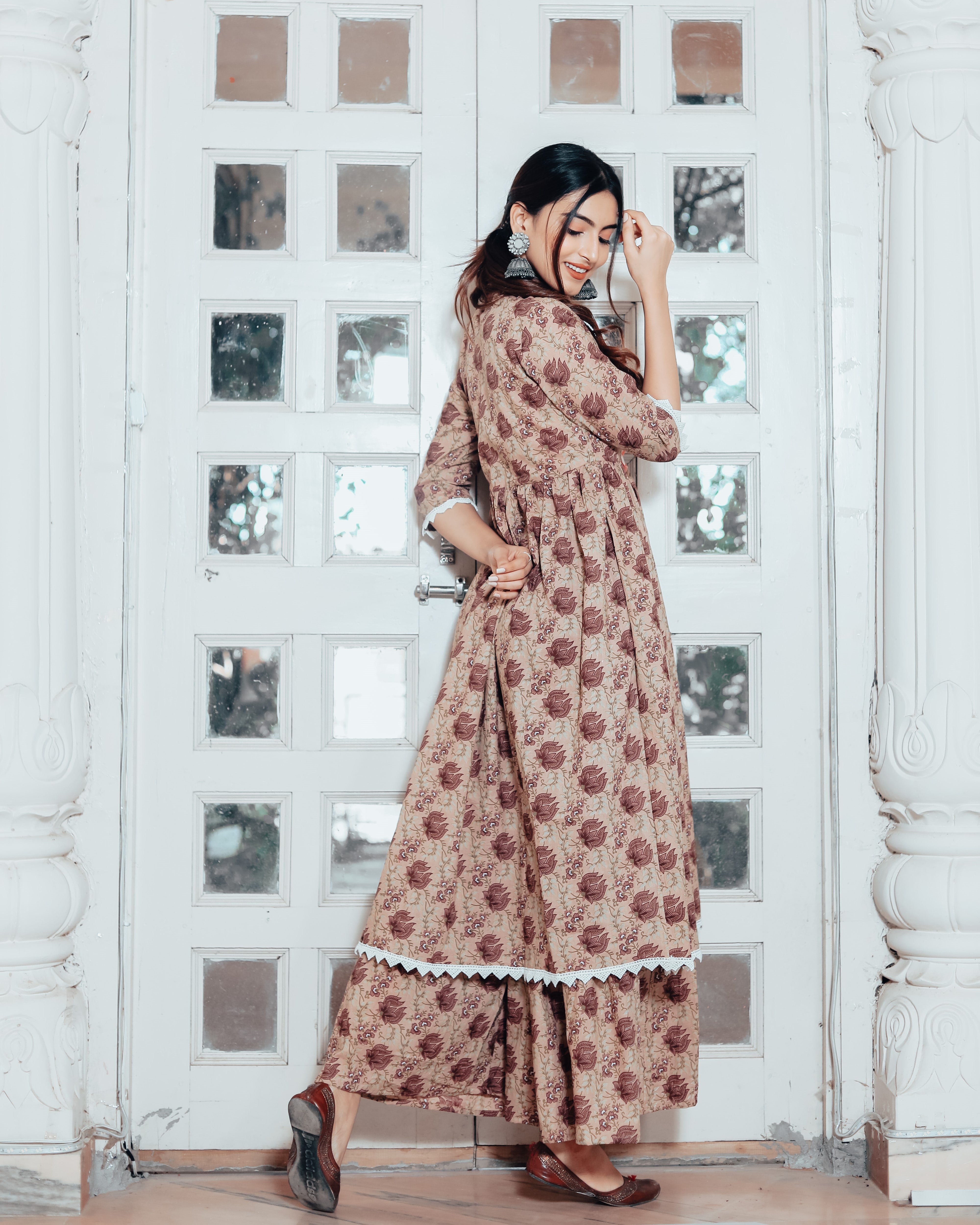 Brown Violet Floral Kurta Matching Set