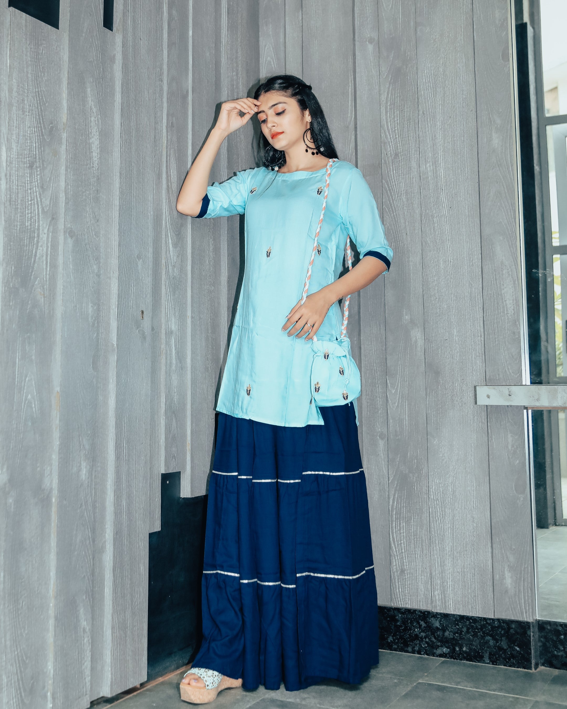 Watery Blue Hand Embroidered Skirt Dress with Potli