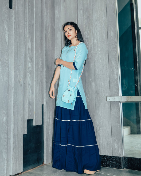 Watery Blue Hand Embroidered Skirt Dress with Potli