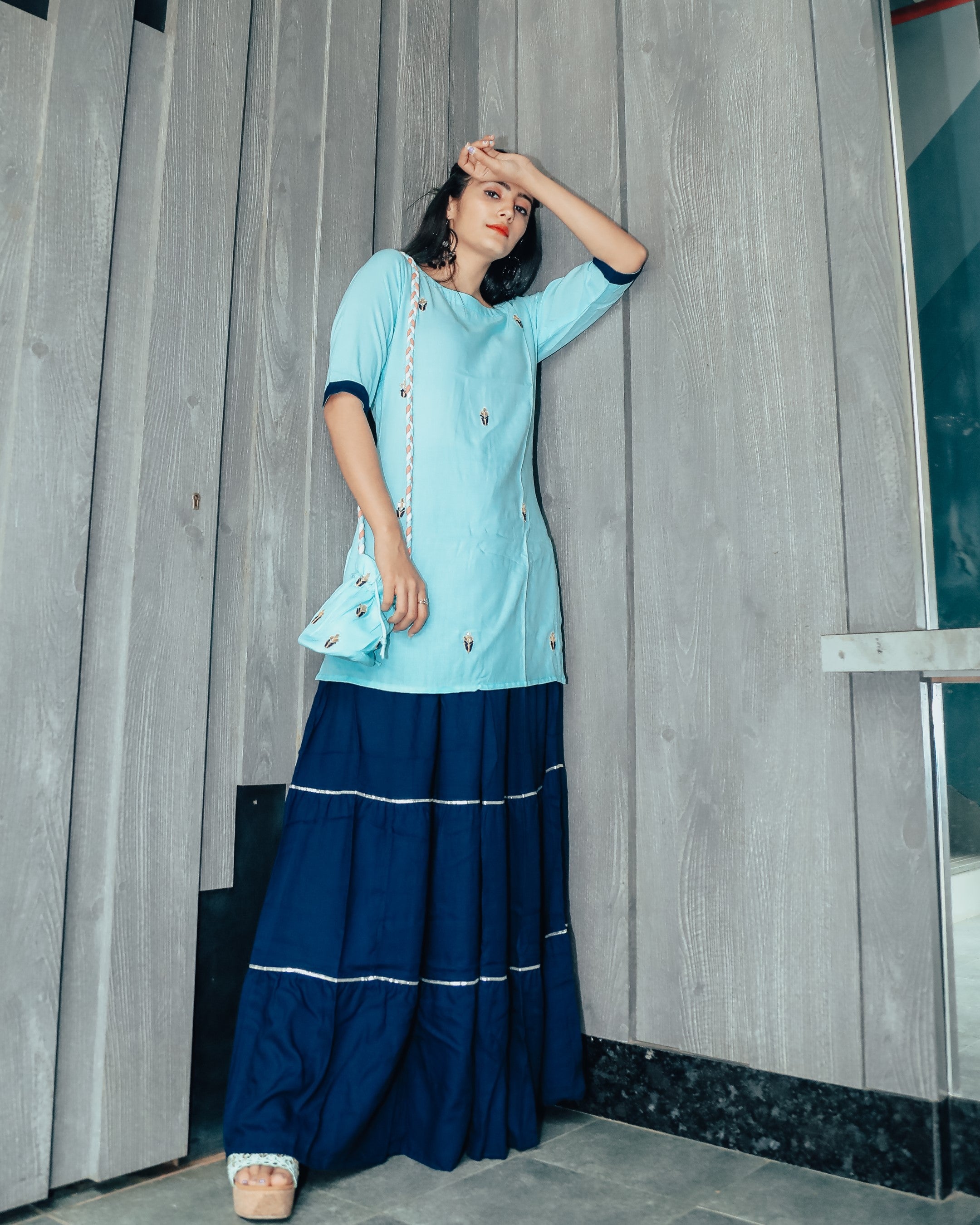 Watery Blue Hand Embroidered Skirt Dress with Potli