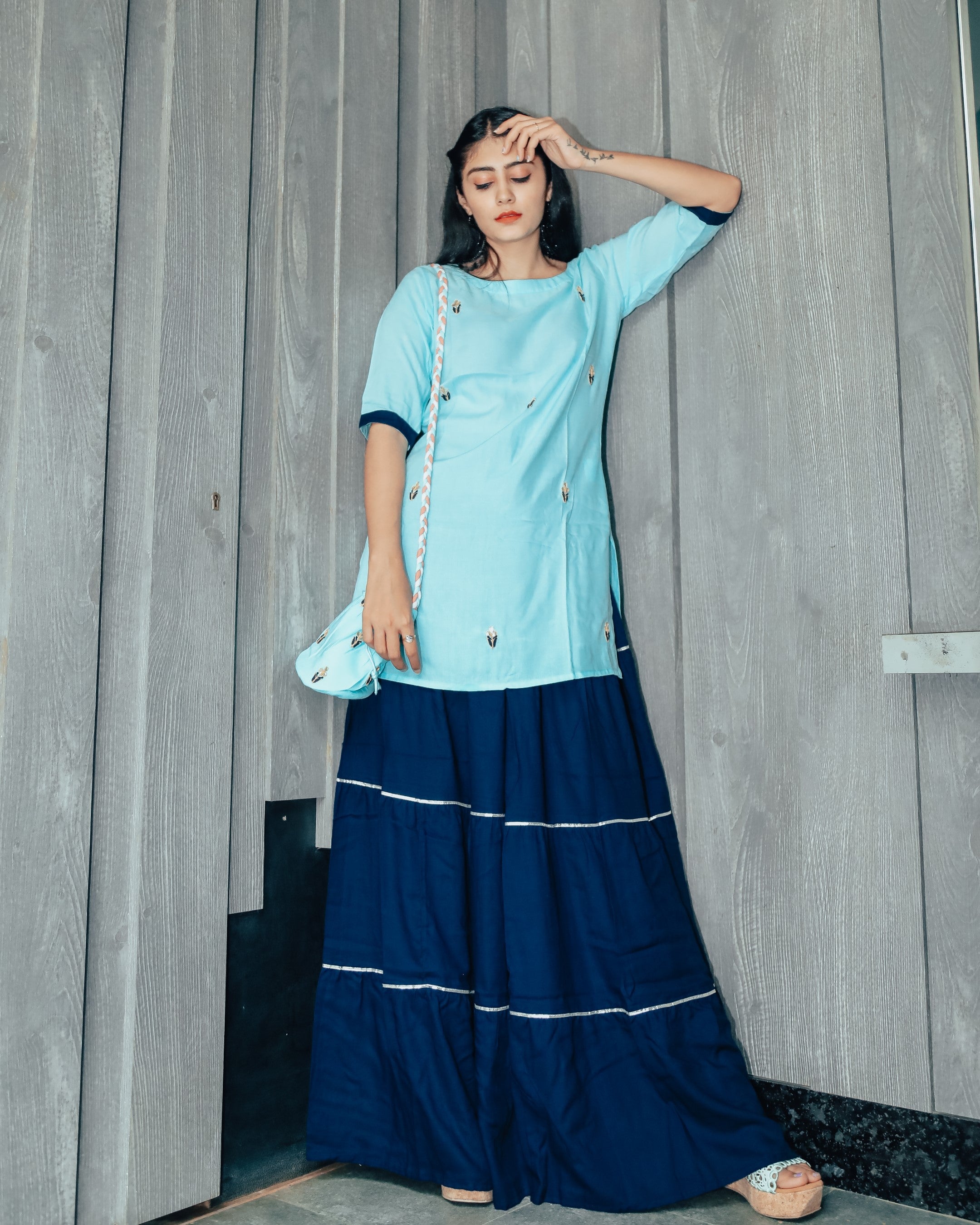 Watery Blue Hand Embroidered Skirt Dress with Potli