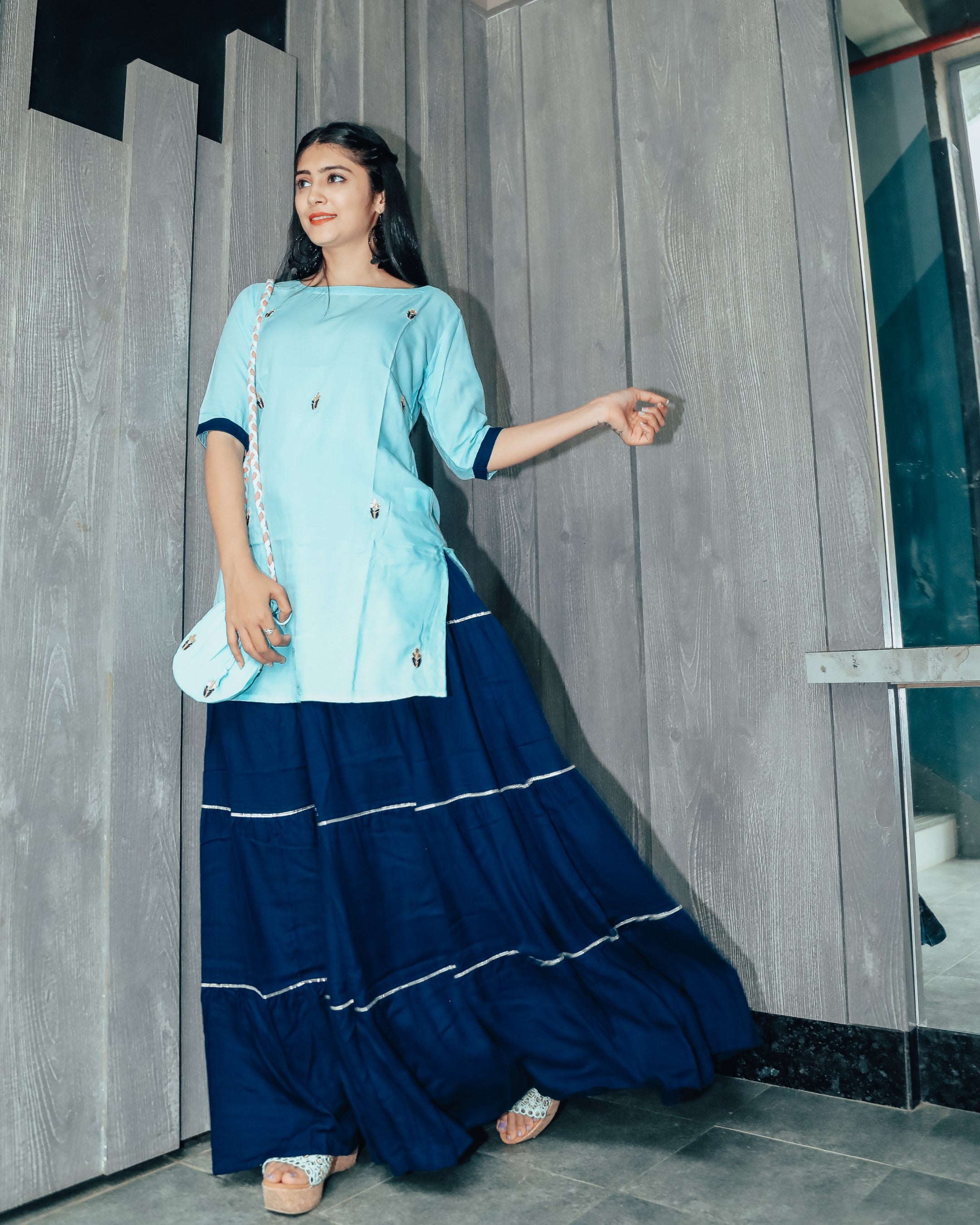 Watery Blue Hand Embroidered Skirt Dress with Potli