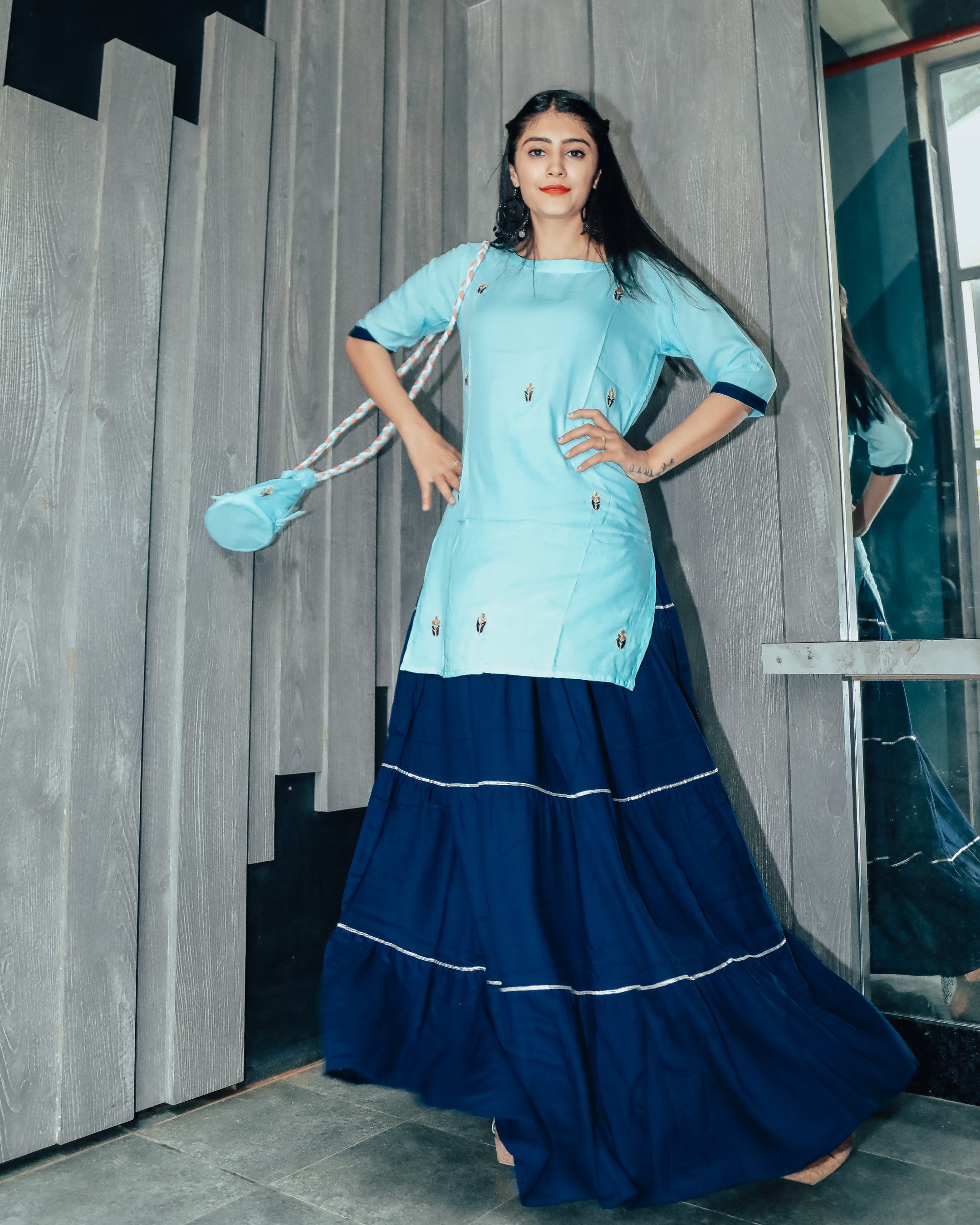 Watery Blue Hand Embroidered Skirt Dress with Potli