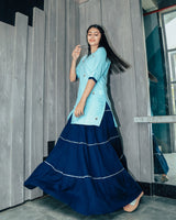 Watery Blue Hand Embroidered Skirt Dress with Potli