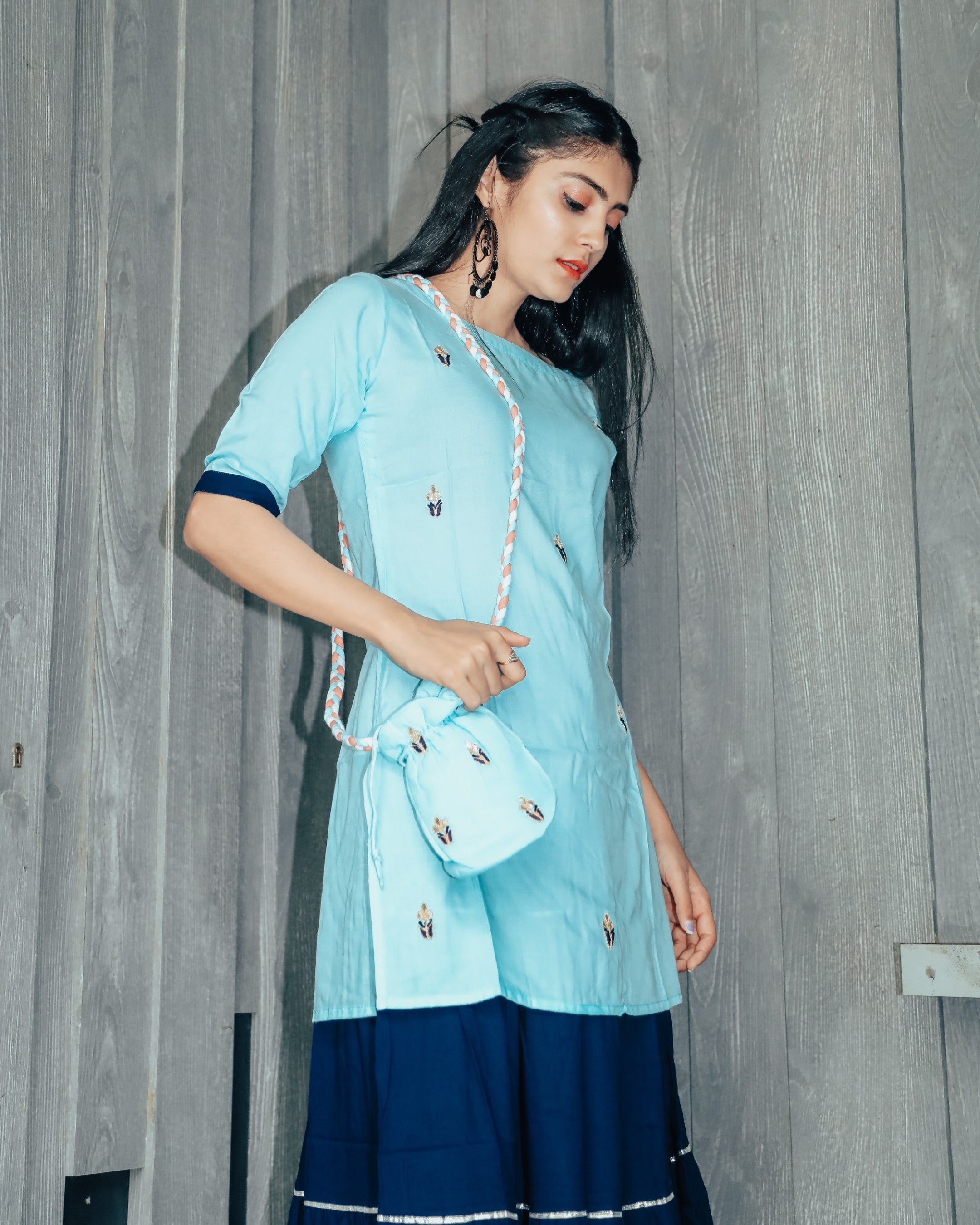 Watery Blue Hand Embroidered Skirt Dress with Potli