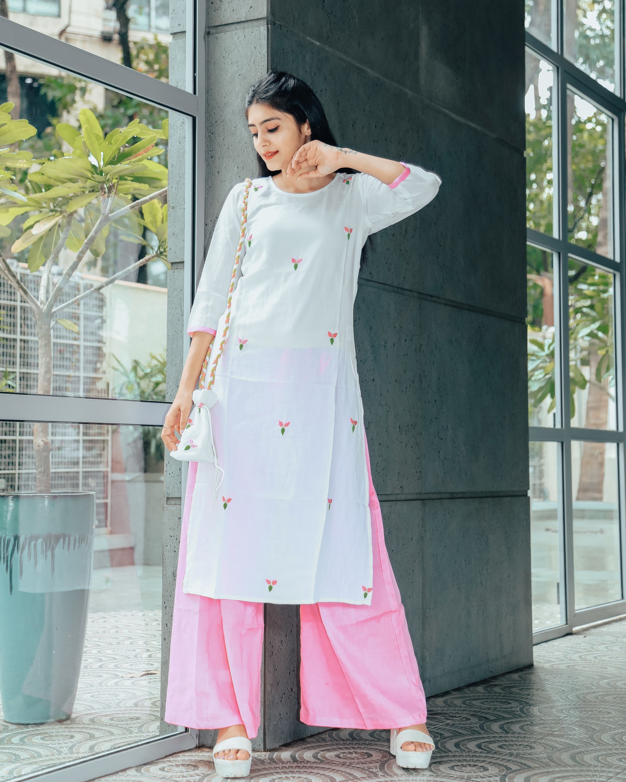 White Blush Hand Embroidered Cotton Suit With Potli