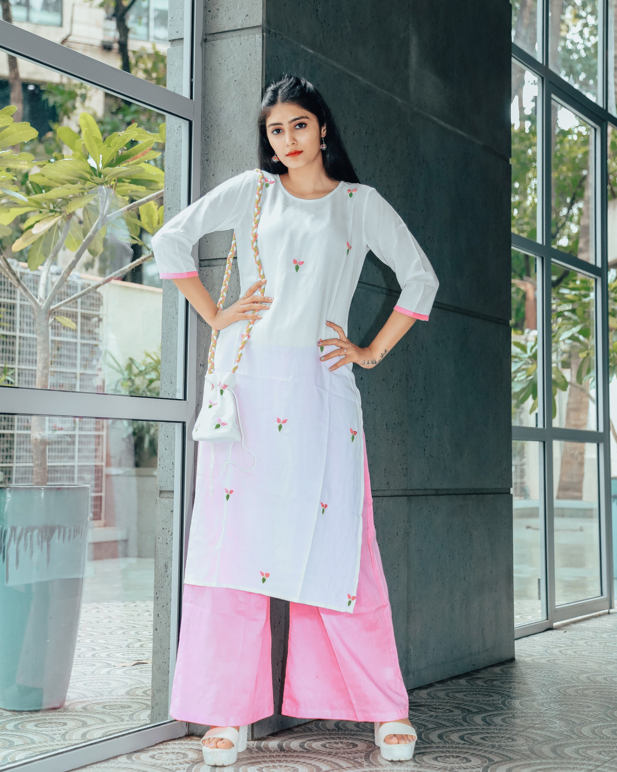 White Blush Hand Embroidered Cotton Suit With Potli