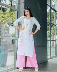 White Blush Hand Embroidered Cotton Suit With Potli
