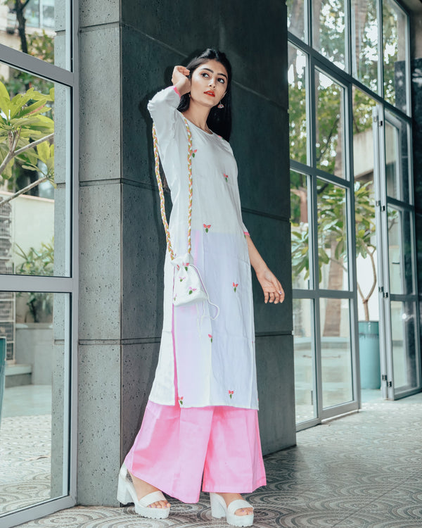 White Blush Hand Embroidered Cotton Suit With Potli