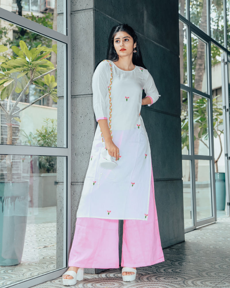 White Blush Hand Embroidered Cotton Suit With Potli