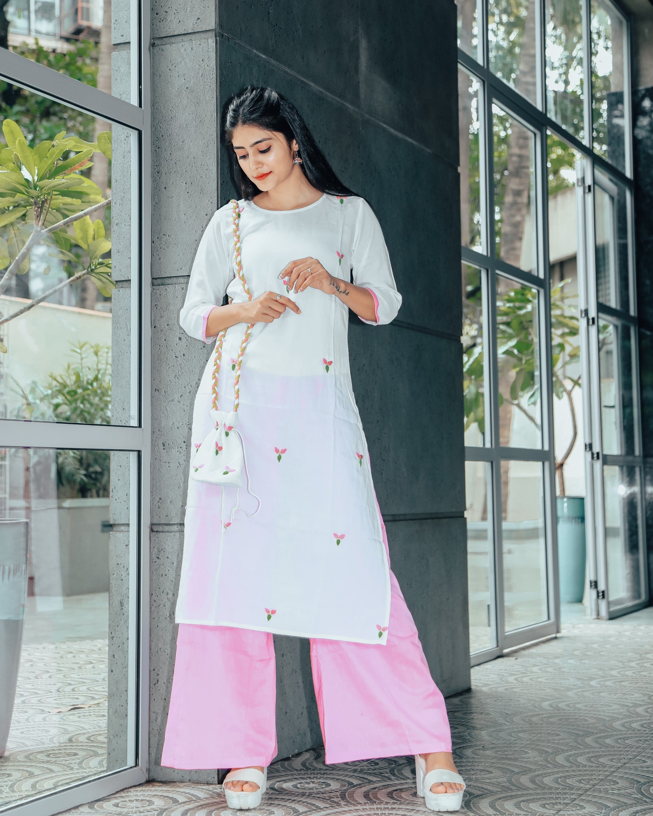 White Blush Hand Embroidered Cotton Suit With Potli