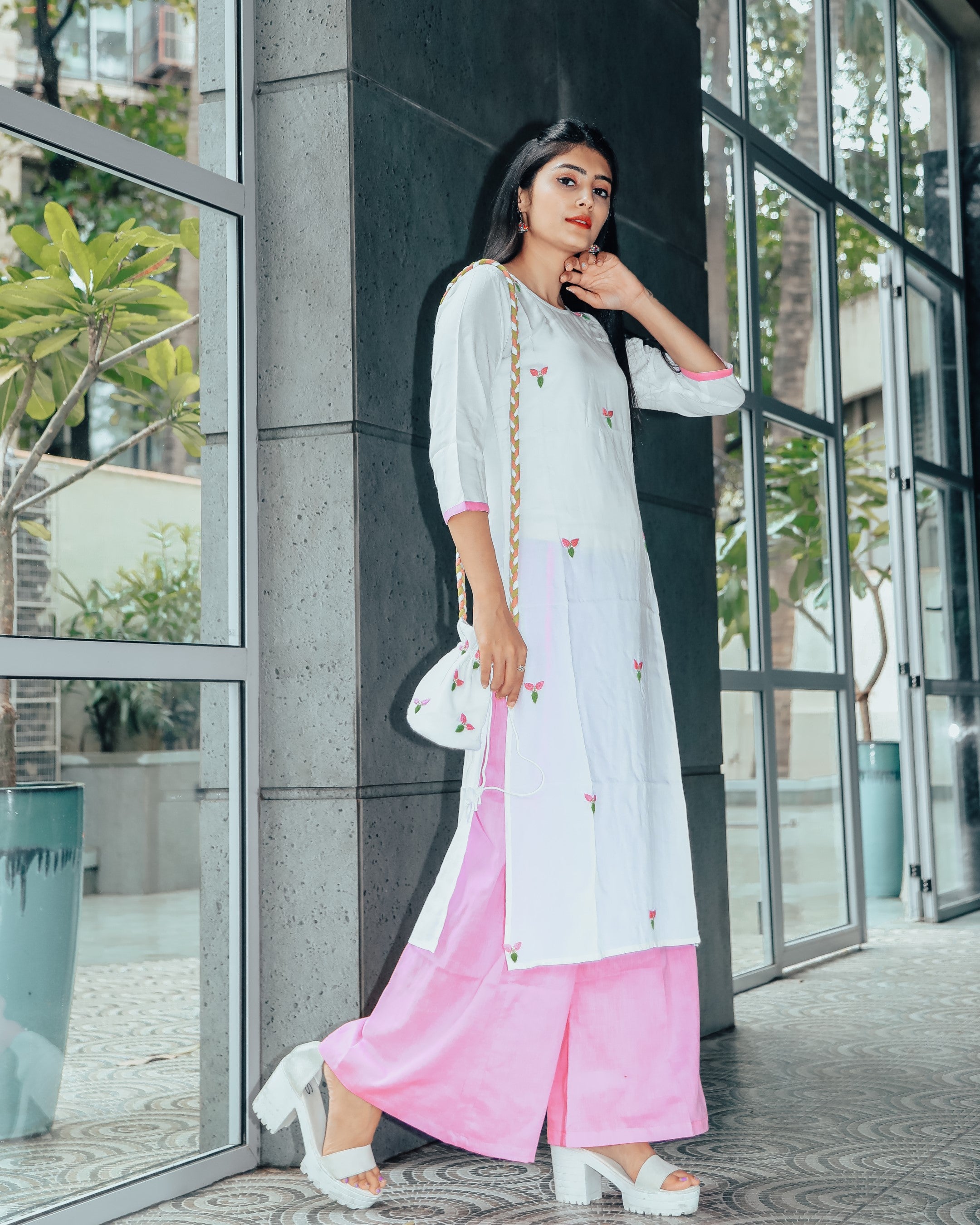 White Blush Hand Embroidered Cotton Suit With Potli