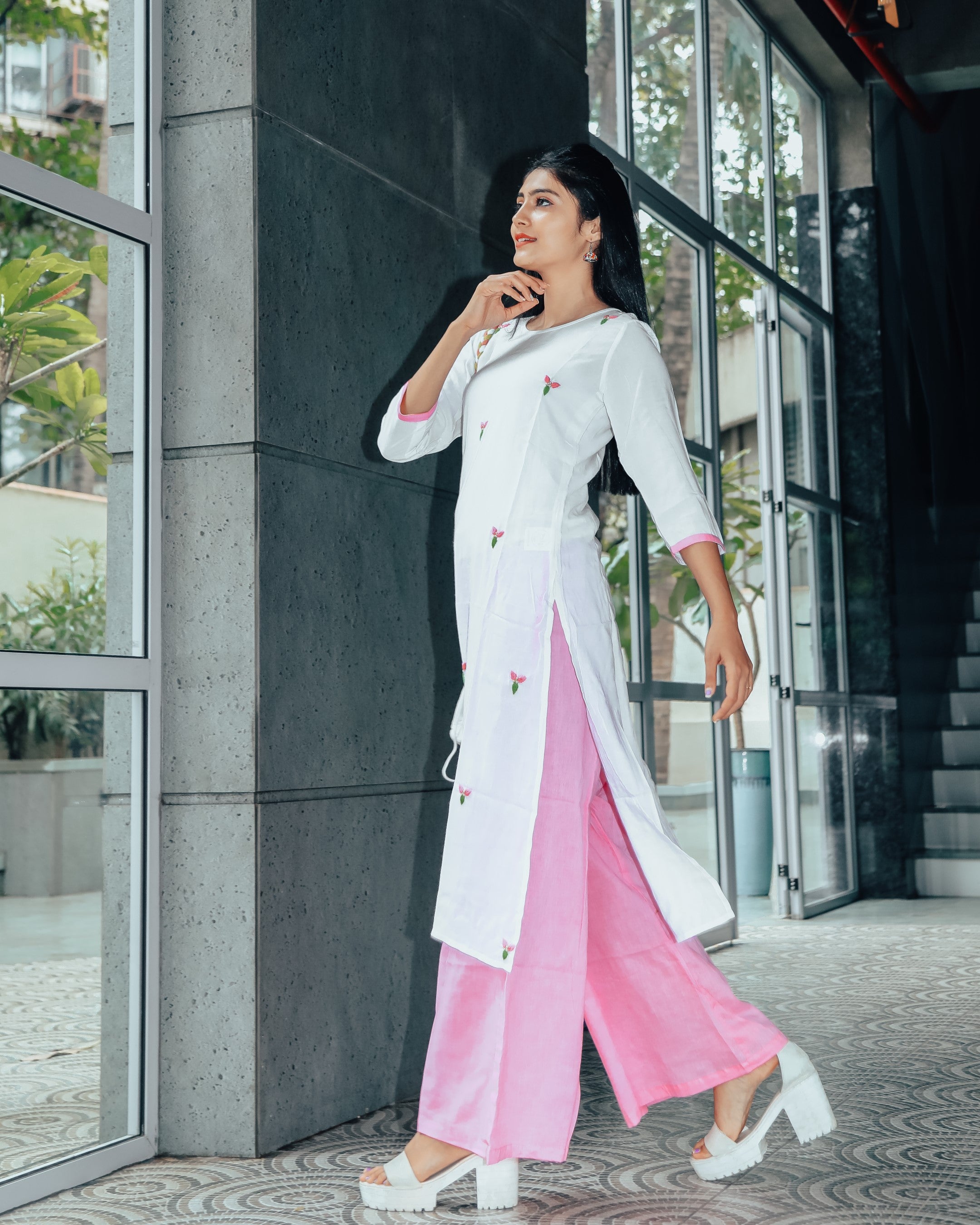 White Blush Hand Embroidered Cotton Suit With Potli