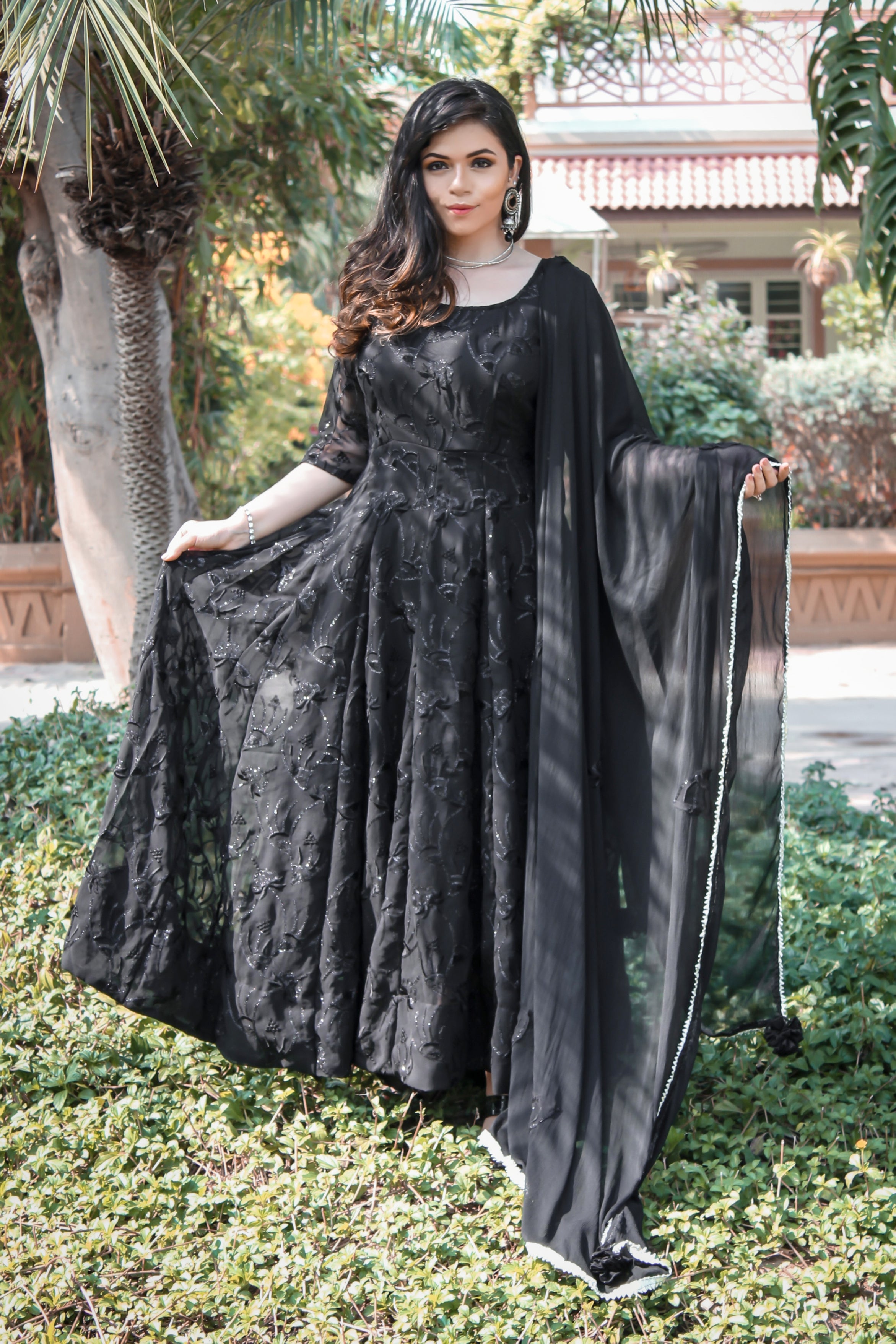 Classic Black Embroidered Anarkali Set