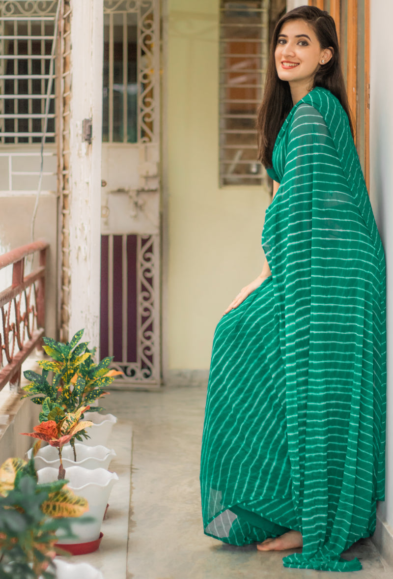 Embellished Rama Green Leheriya saree