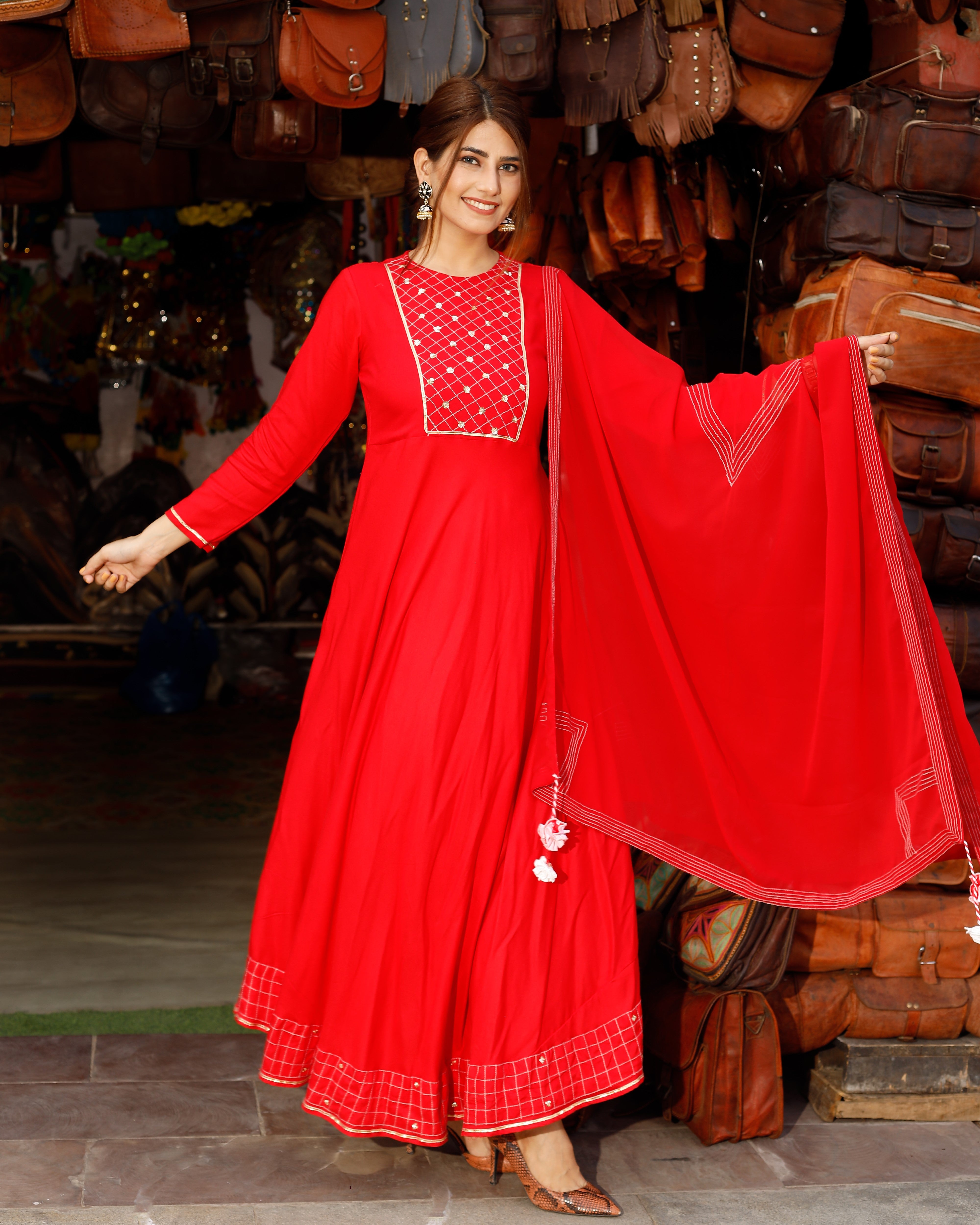 Rose Red Neck Design Long Suit Set