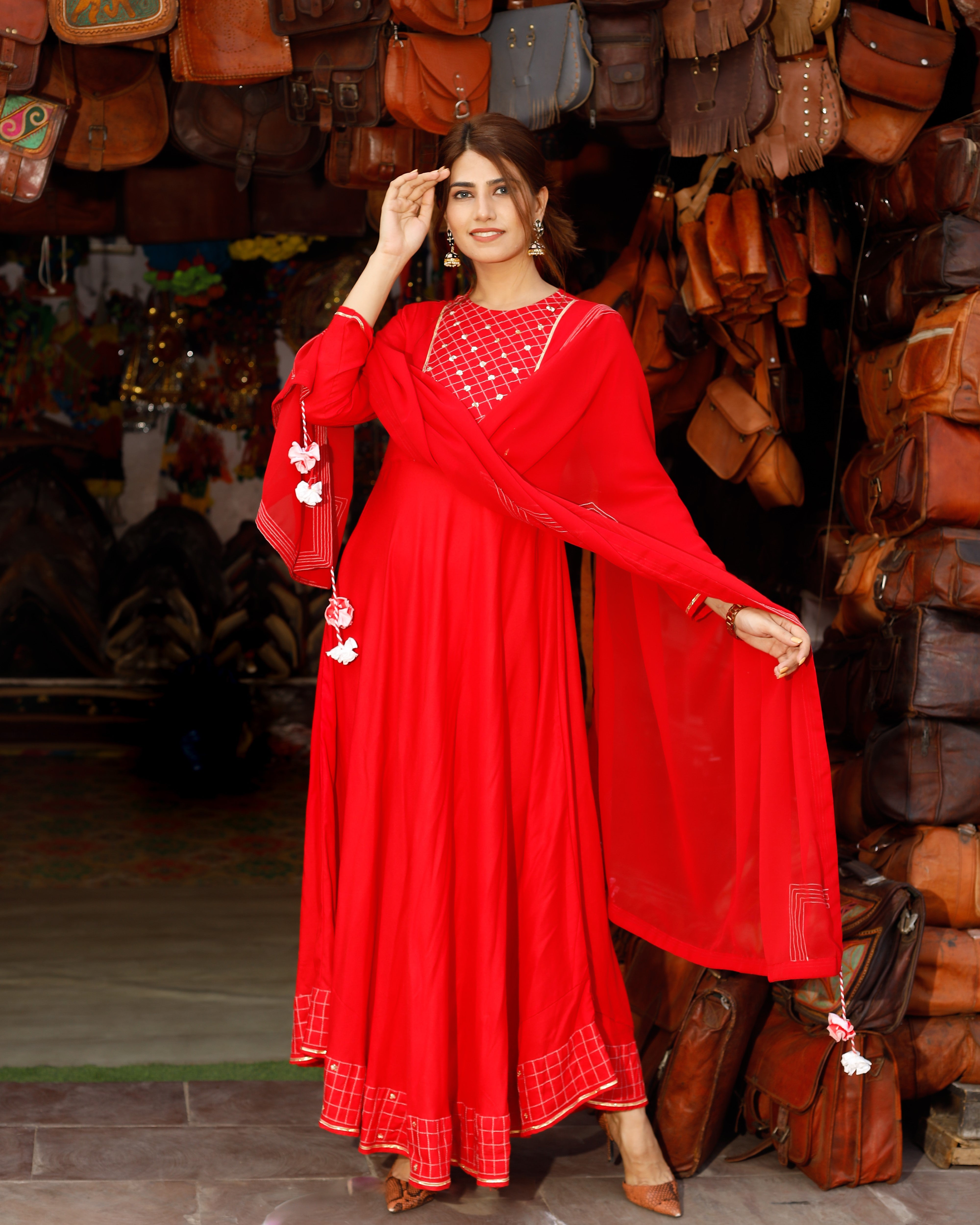 Rose Red Neck Design Long Suit Set