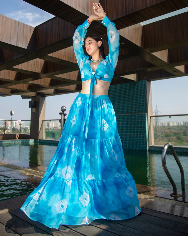 Buy Thread & Button Printed Maya Blue Crop Top And Lehenga Dress (Set Of 2)  online