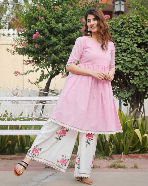 Buy Jaipur Kurti Women Pink Solid Straight Cotton Blend Kurta Palazzo With  Dupatta Set Online.