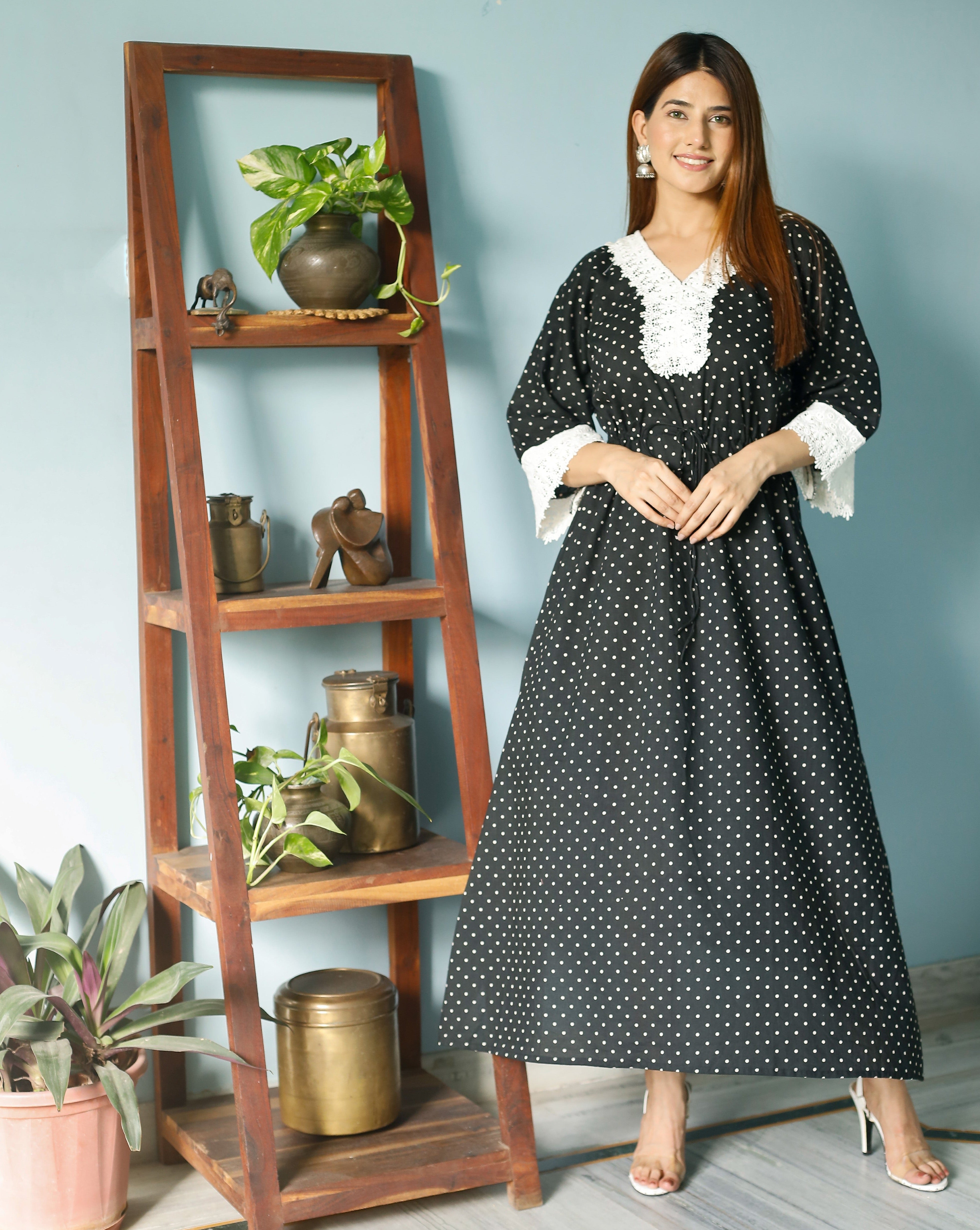 Ink Black Polka Cotton Kaftan