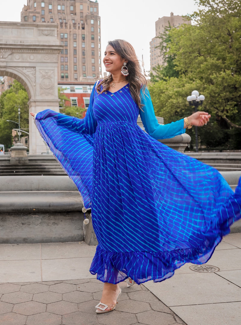 Lavish Blue Lehariya Maxi Fusion Dress