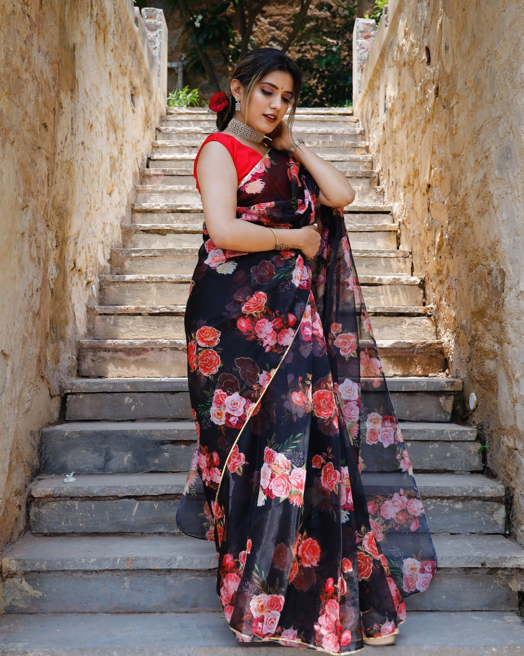 Shabnam Black Floral Organza Saree