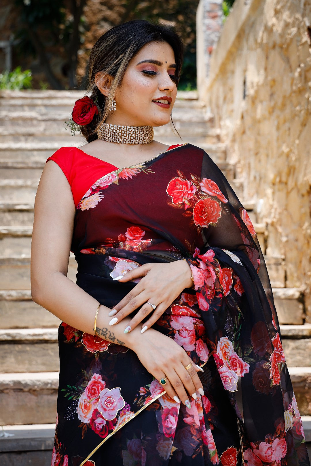 Shabnam Black Floral Organza Saree