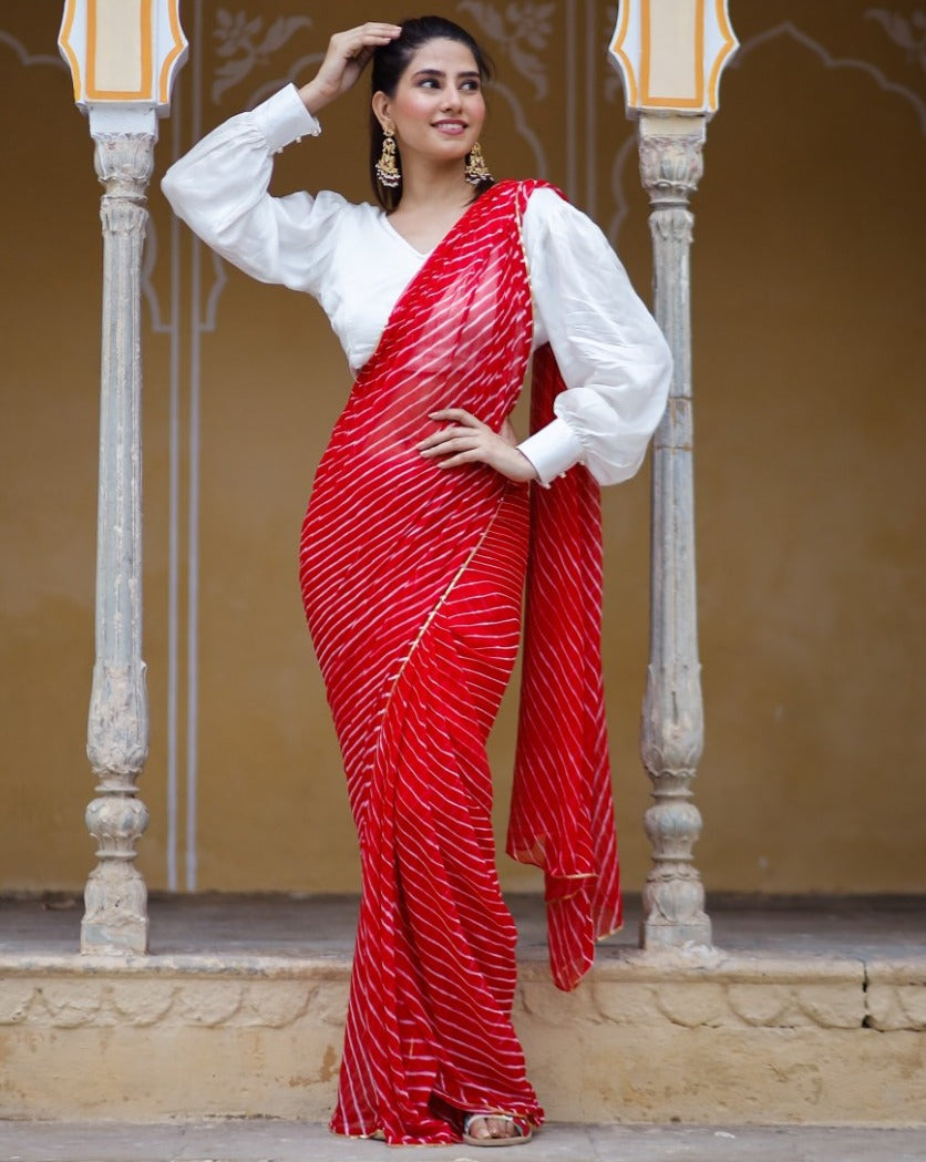 Rose Red Embellished Leheriya saree