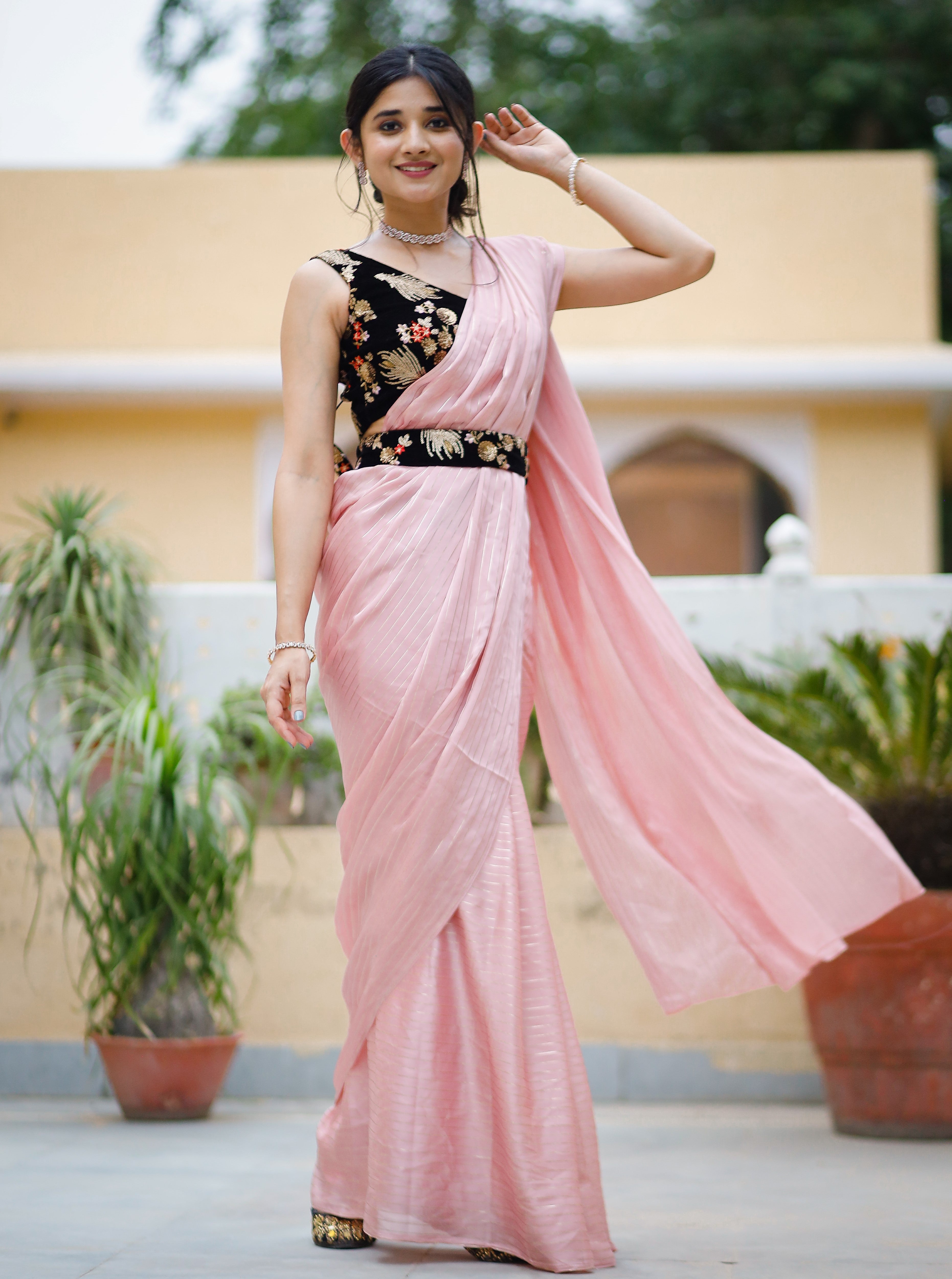 Beautiful Peach Embellished Lining Saree