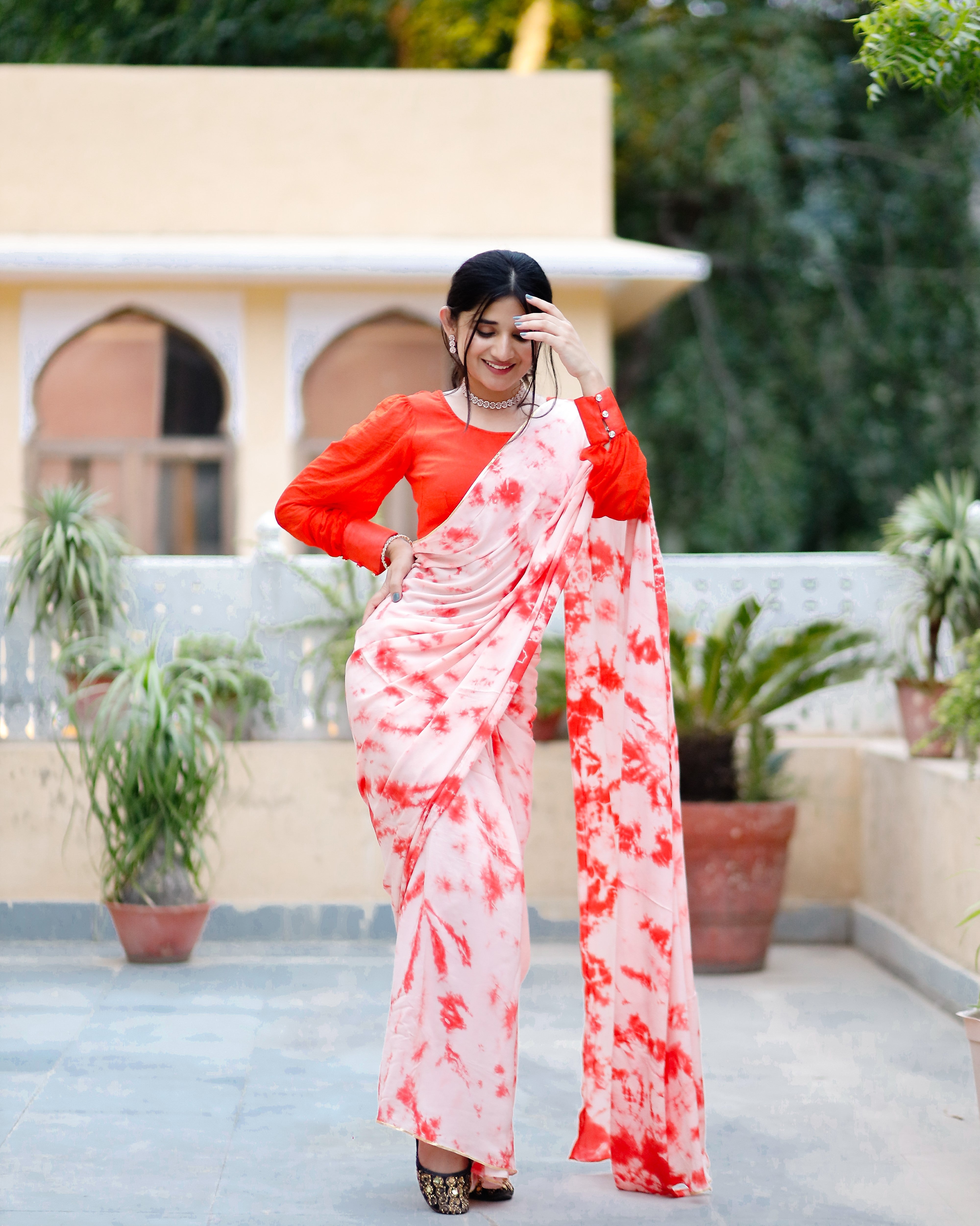 Melon Orange Tie & Dye Saree